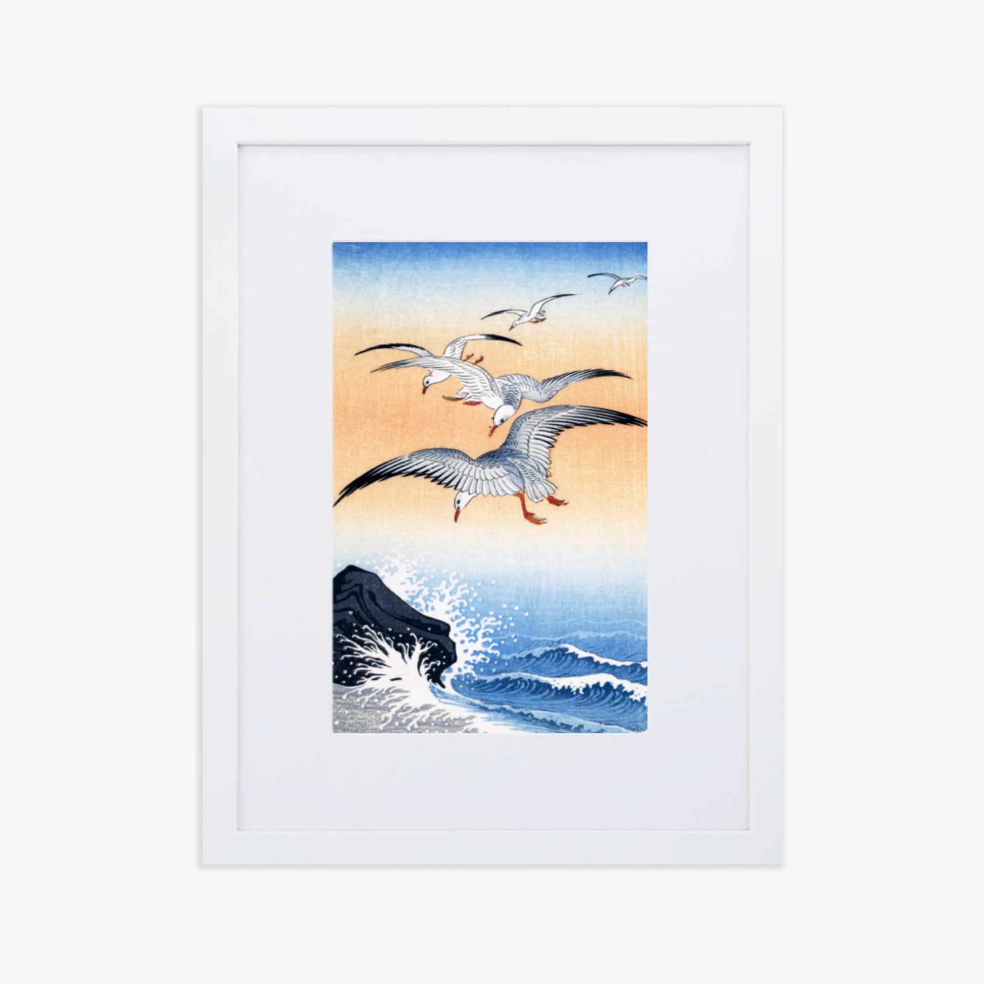 Ohara Koson - Five Seagulls Above Turbulent Sea 30x40 cm Poster With White Frame