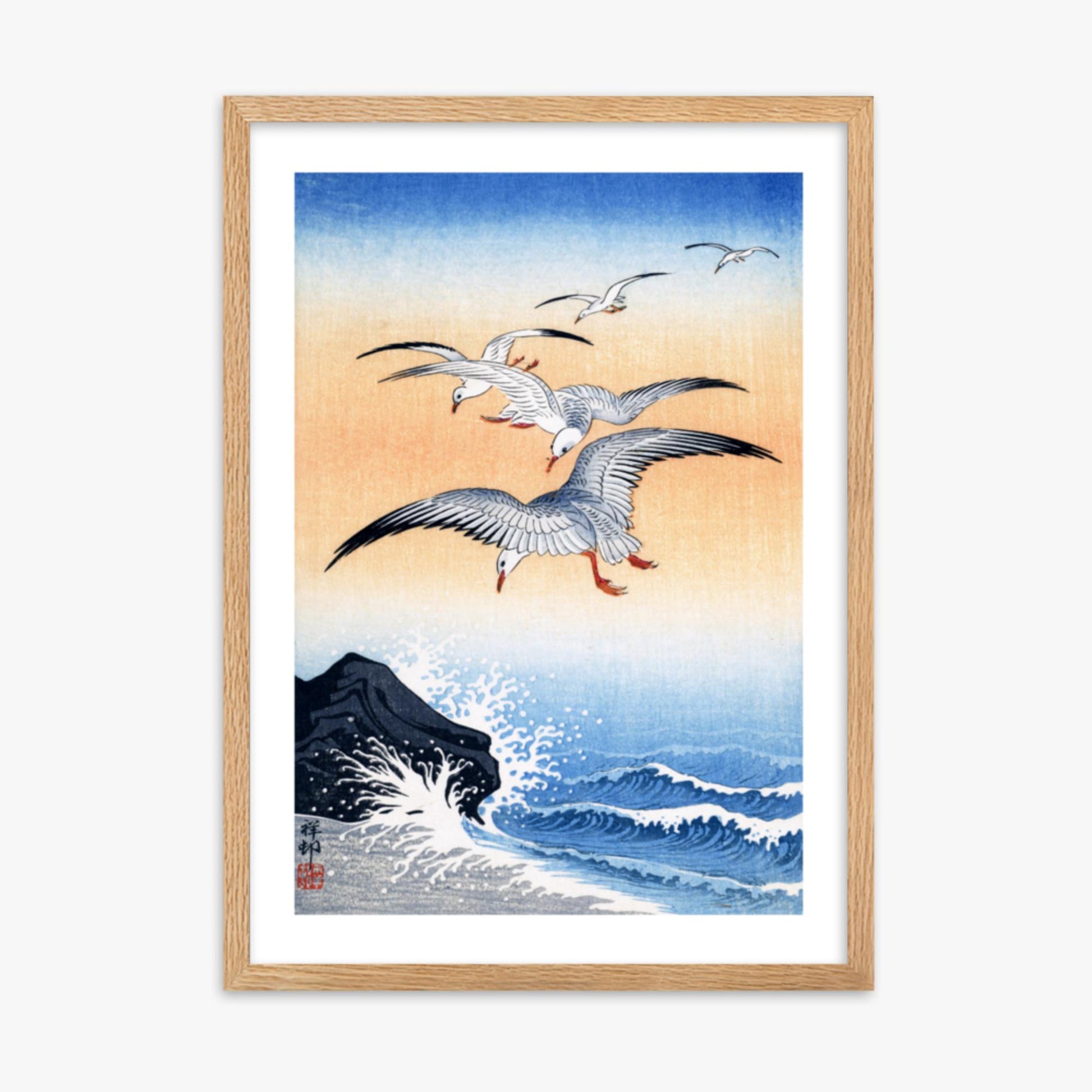 Ohara Koson - Five Seagulls Above Turbulent Sea 50x70 cm Poster With Oak Frame