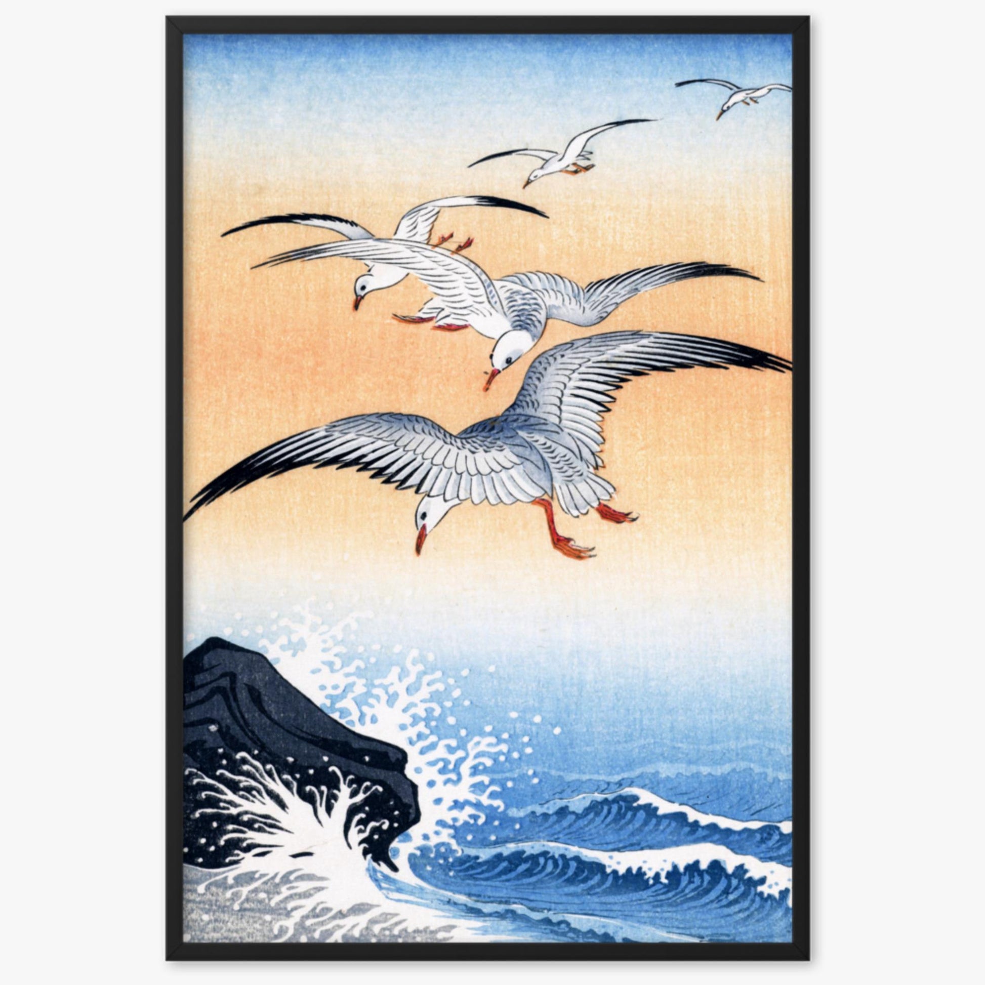 Ohara Koson - Five Seagulls Above Turbulent Sea 61x91 cm Poster With Black Frame