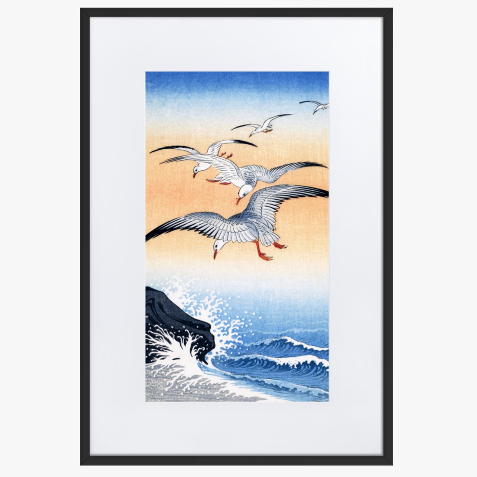 Ohara Koson - Five Seagulls Above Turbulent Sea 61x91 cm Poster With Black Frame