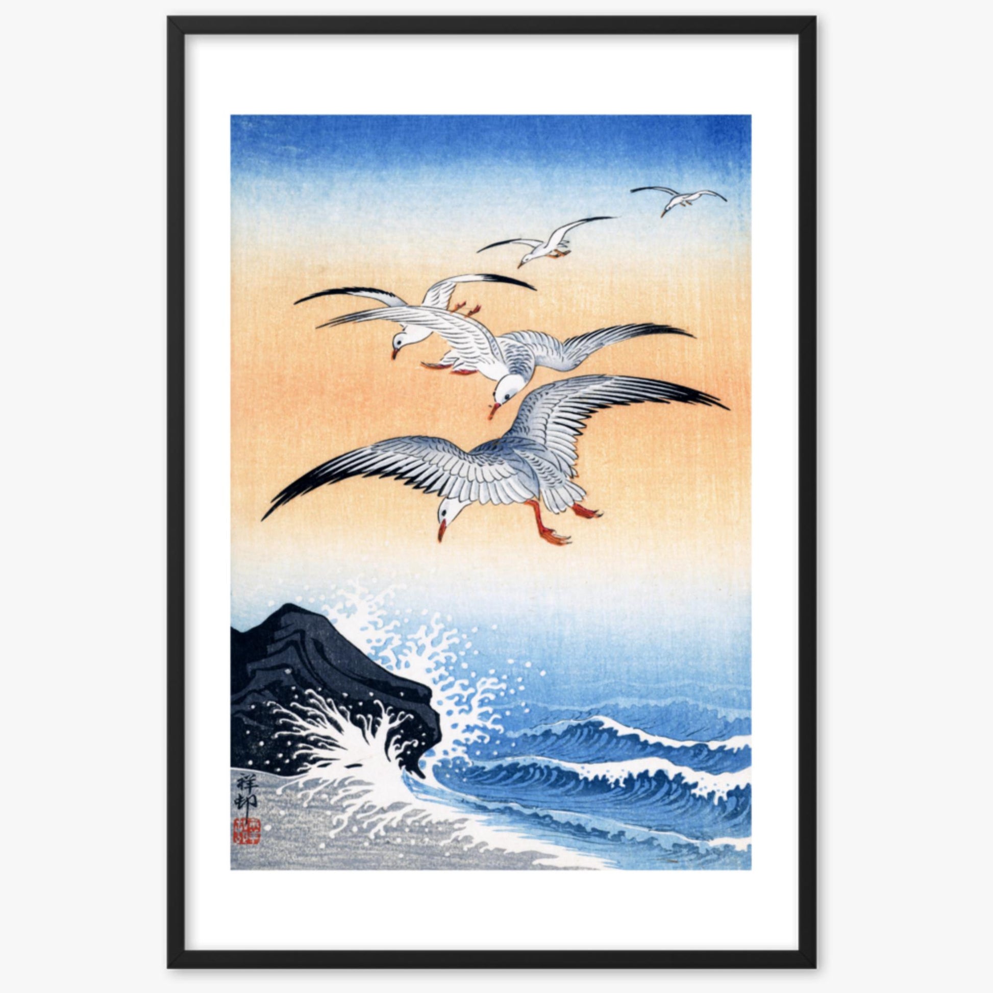 Ohara Koson - Five Seagulls Above Turbulent Sea 61x91 cm Poster With Black Frame