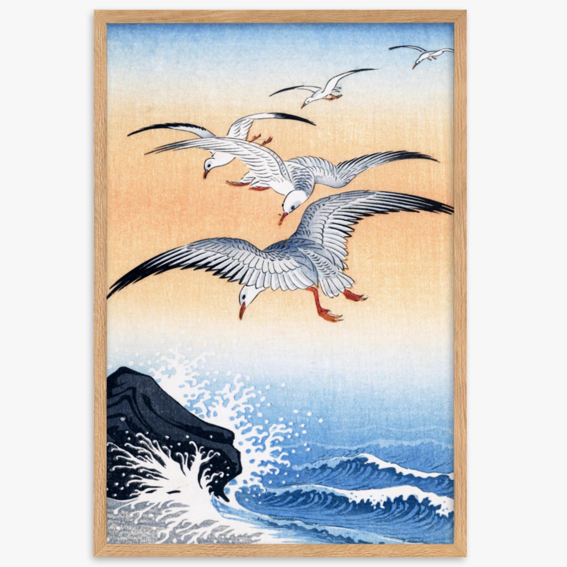 Ohara Koson - Five Seagulls Above Turbulent Sea 61x91 cm Poster With Oak Frame