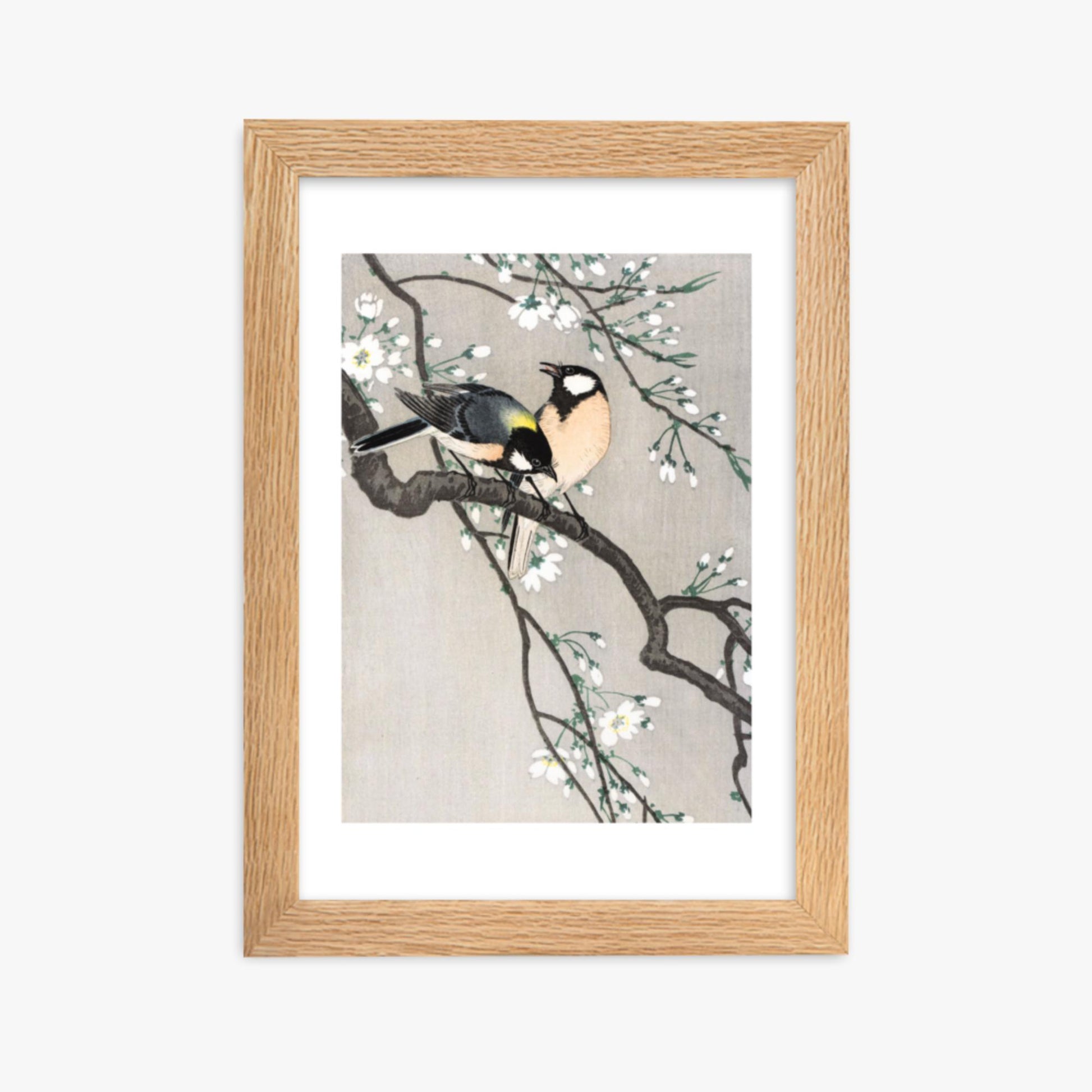 Ohara Koson - Tits on Cherry Branch 21x30 cm Poster With Oak Frame