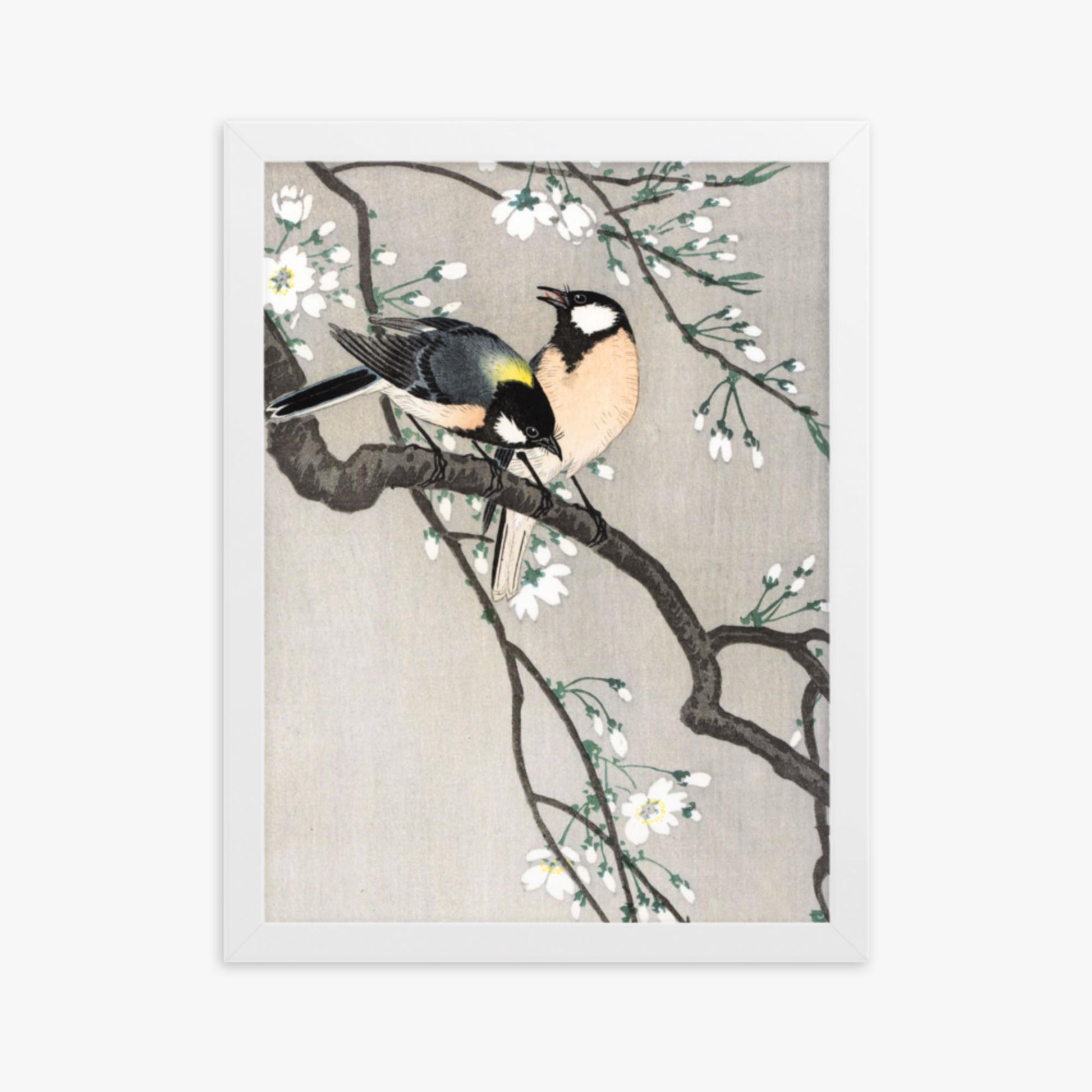 Ohara Koson - Tits on Cherry Branch 30x40 cm Poster With White Frame