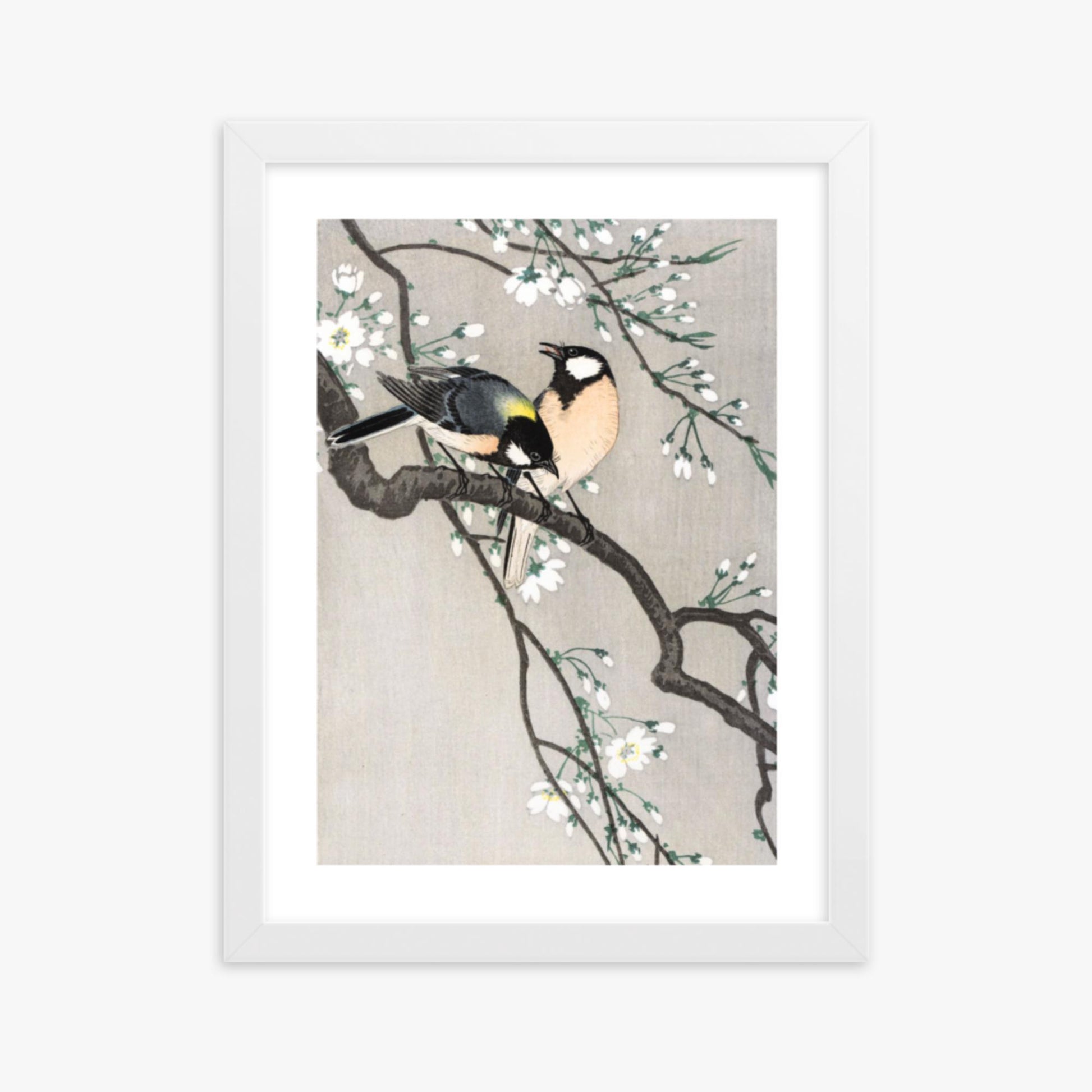 Ohara Koson - Tits on Cherry Branch 30x40 cm Poster With White Frame