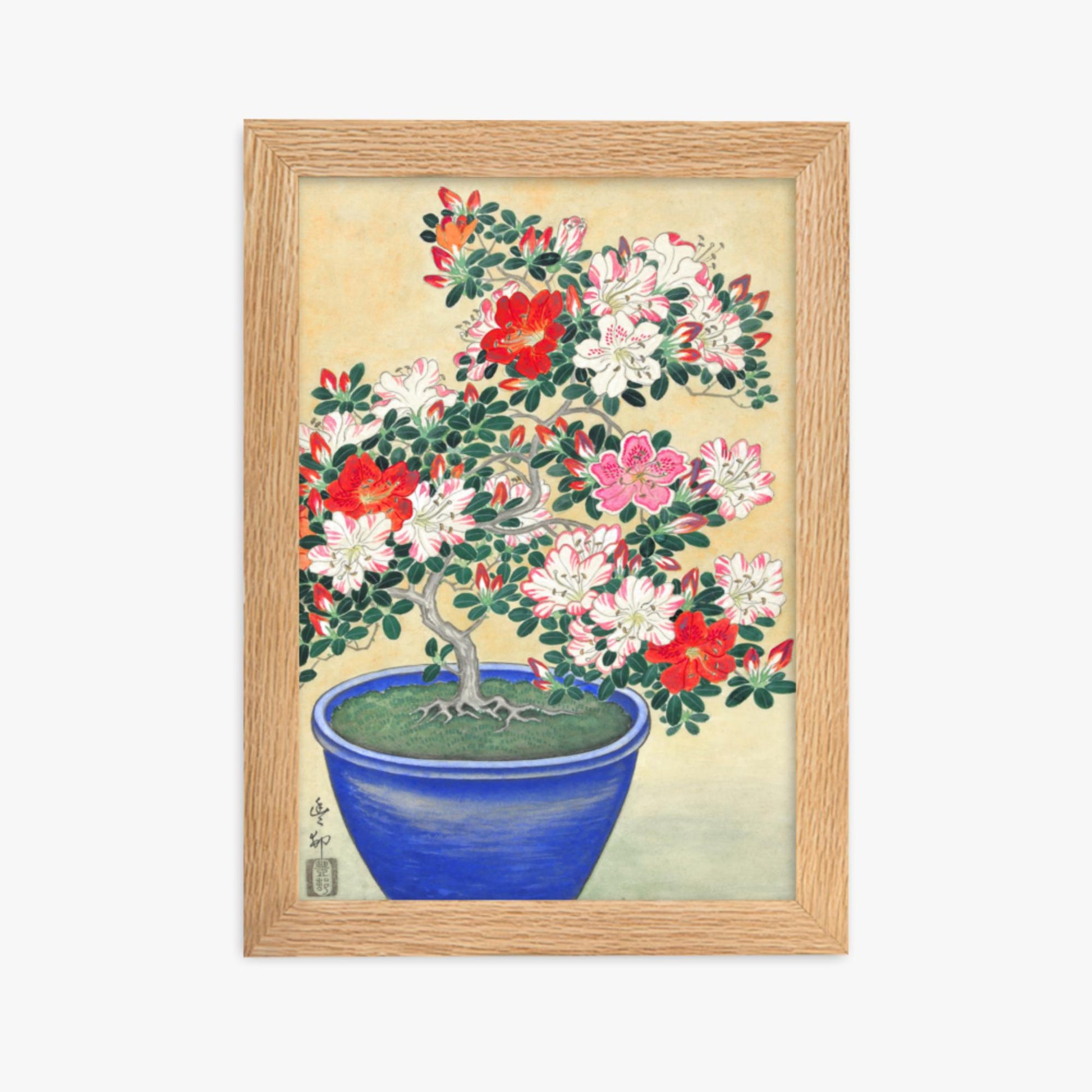 Ohara Koson - Blooming Azalea in Blue Pot 21x30 cm Poster With Oak Frame