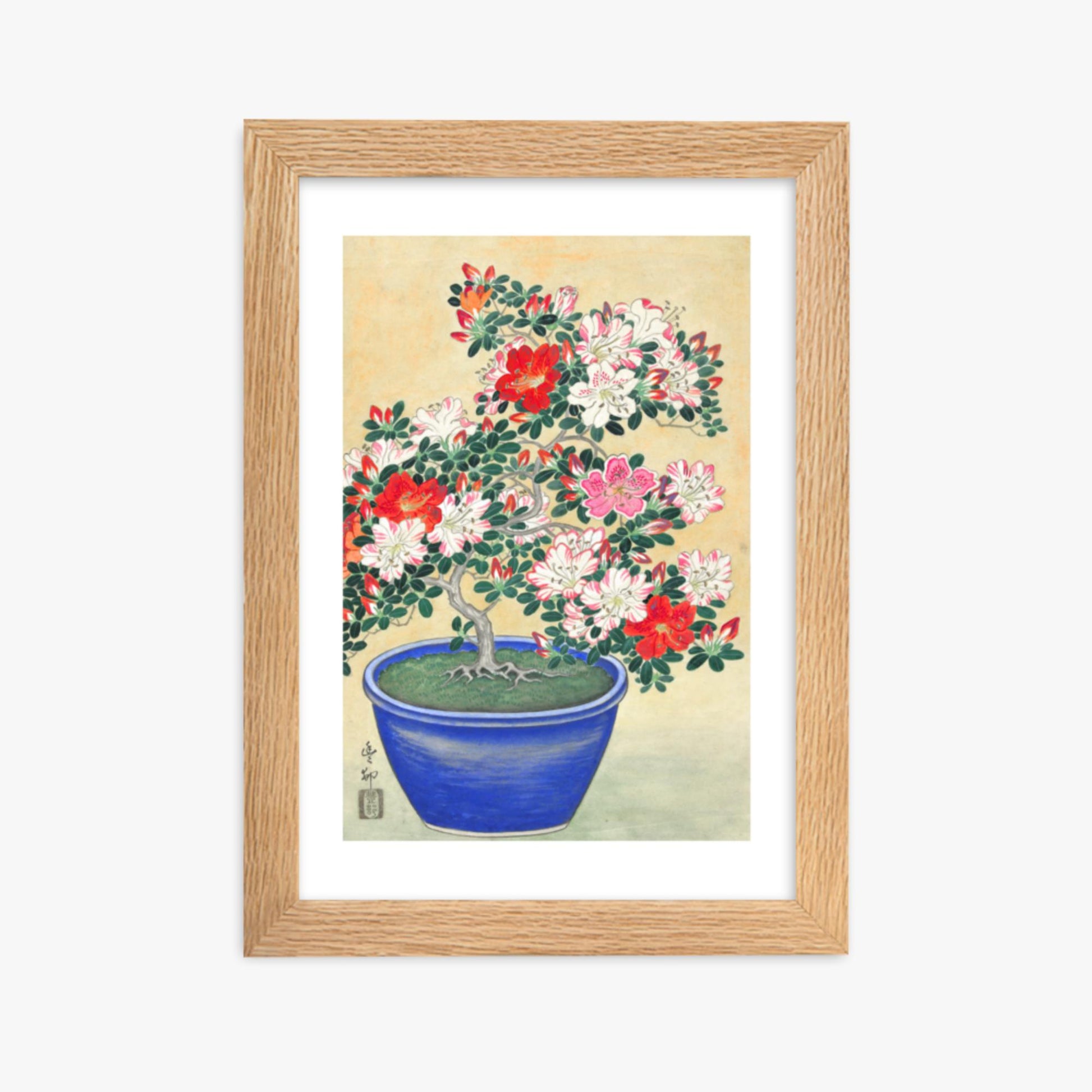 Ohara Koson - Blooming Azalea in Blue Pot 21x30 cm Poster With Oak Frame