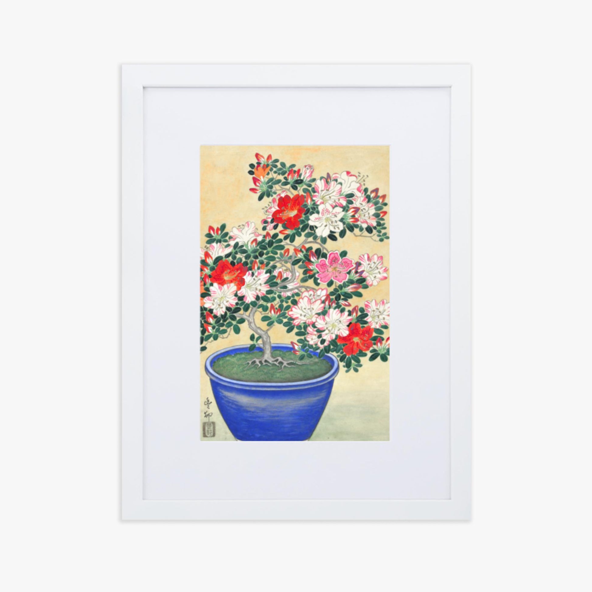 Ohara Koson - Blooming Azalea in Blue Pot 30x40 cm Poster With White Frame