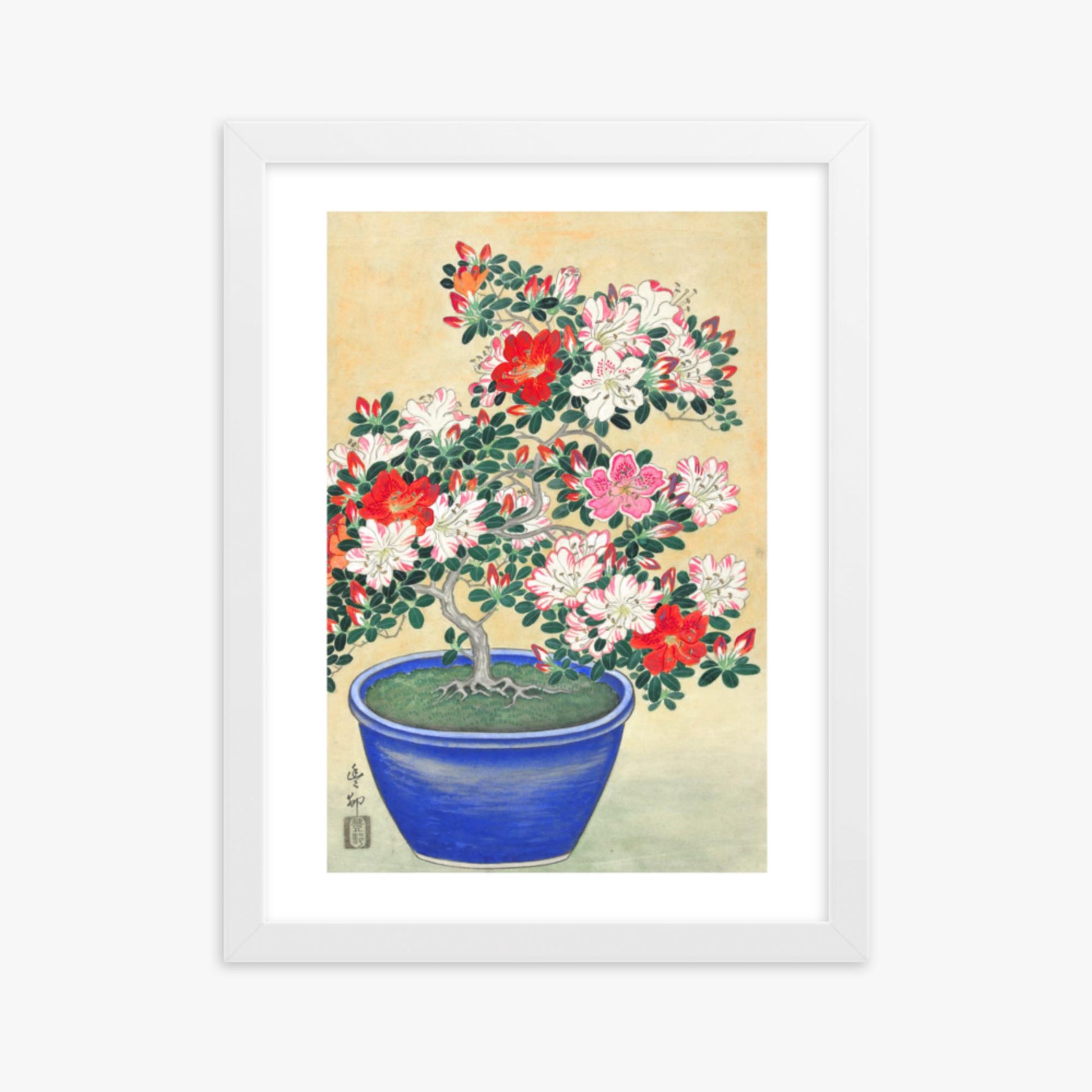 Ohara Koson - Blooming Azalea in Blue Pot 30x40 cm Poster With White Frame