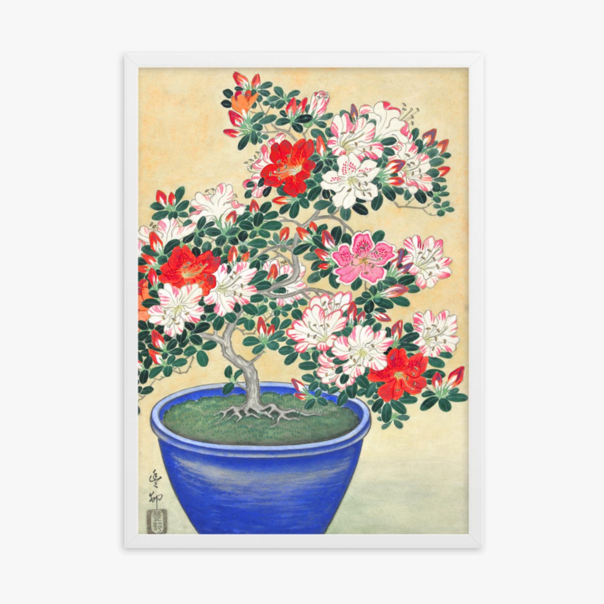 Ohara Koson - Blooming Azalea in Blue Pot 50x70 cm Poster With White Frame