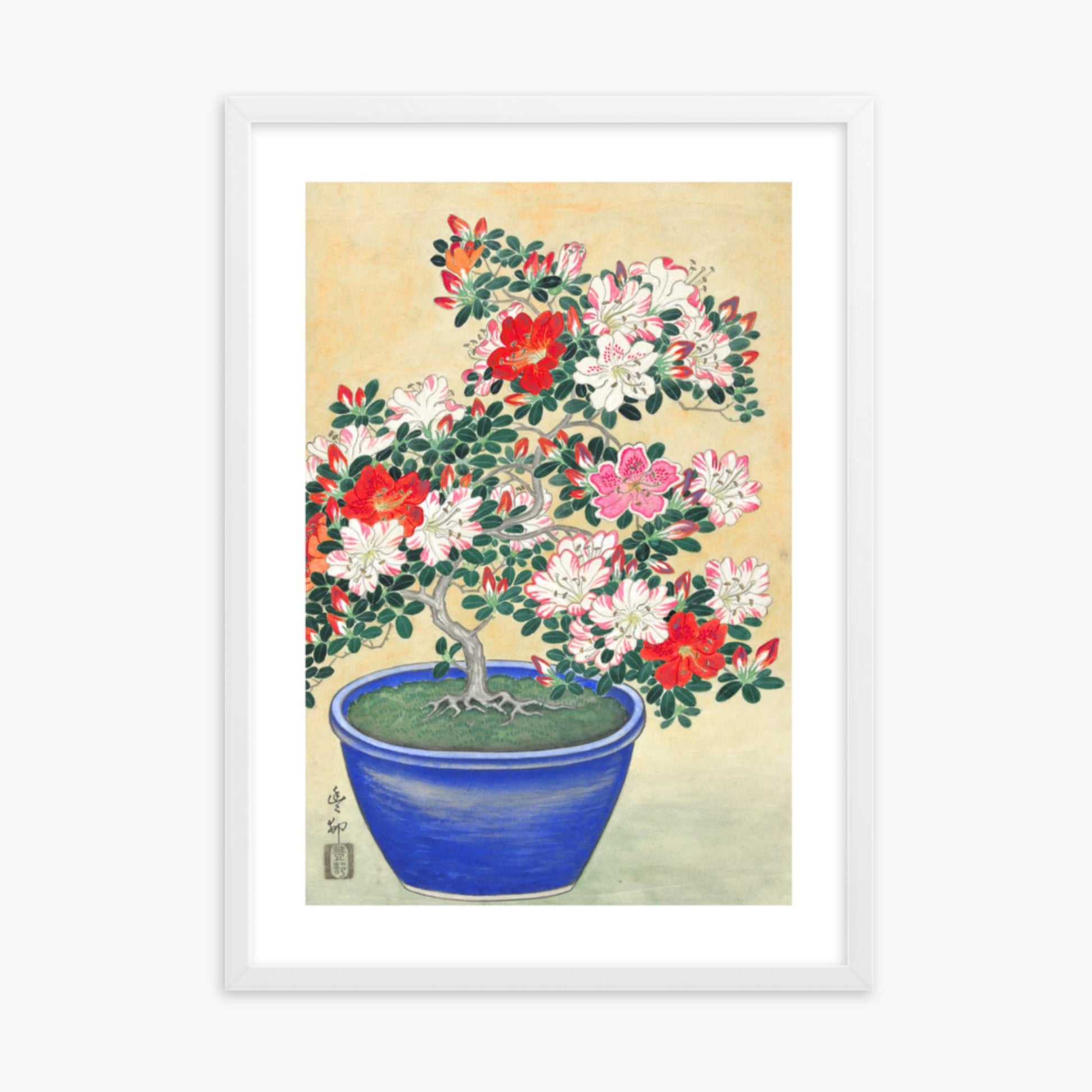 Ohara Koson - Blooming Azalea in Blue Pot 50x70 cm Poster With White Frame