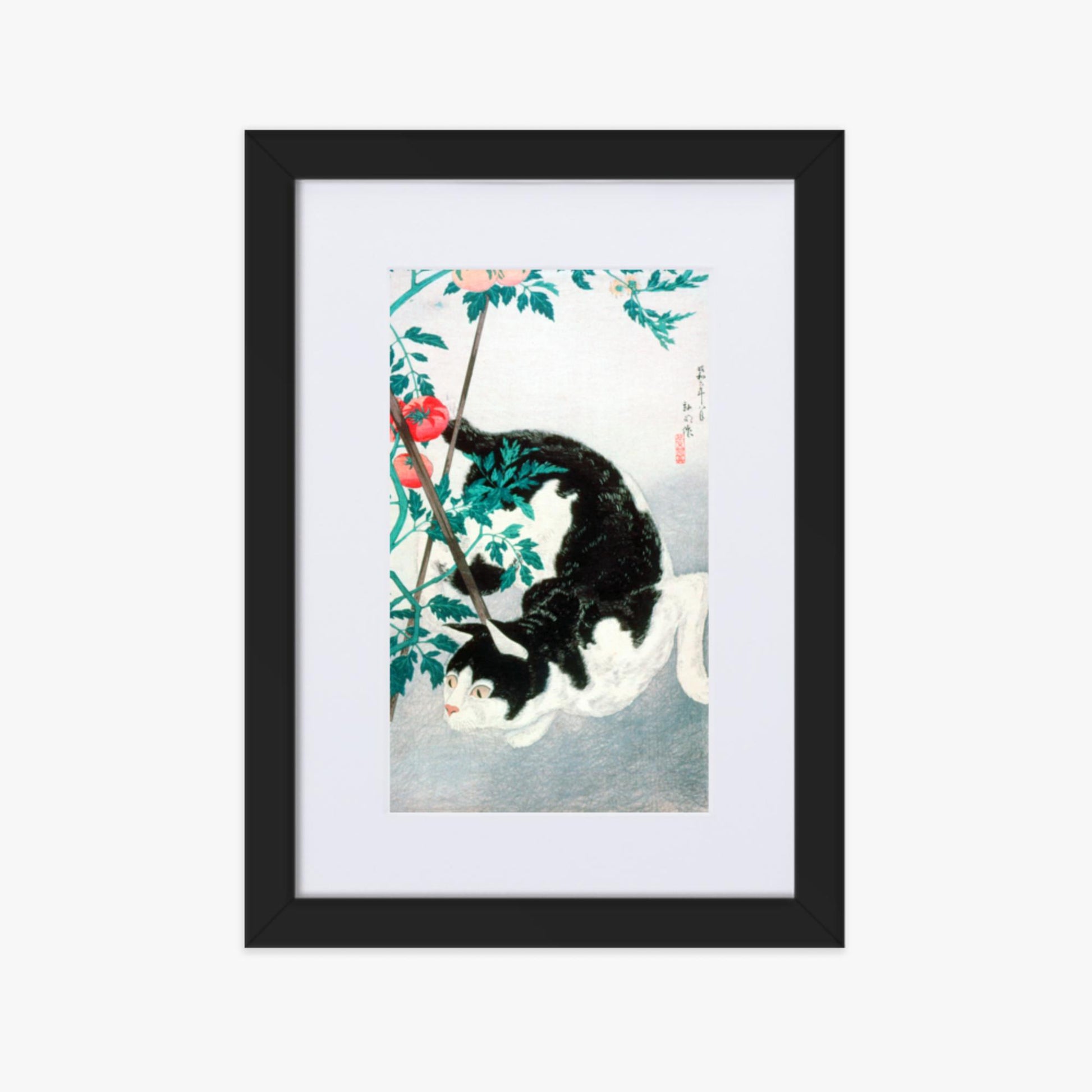 Takahashi Hiroaki (Shōtei) - Cat with Tomato Plant 21x30 cm Poster With Black Frame