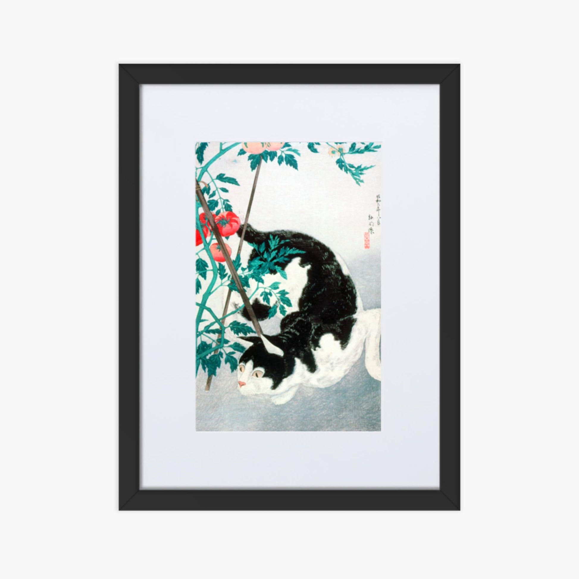 Takahashi Hiroaki (Shōtei) - Cat with Tomato Plant 30x40 cm Poster With Black Frame