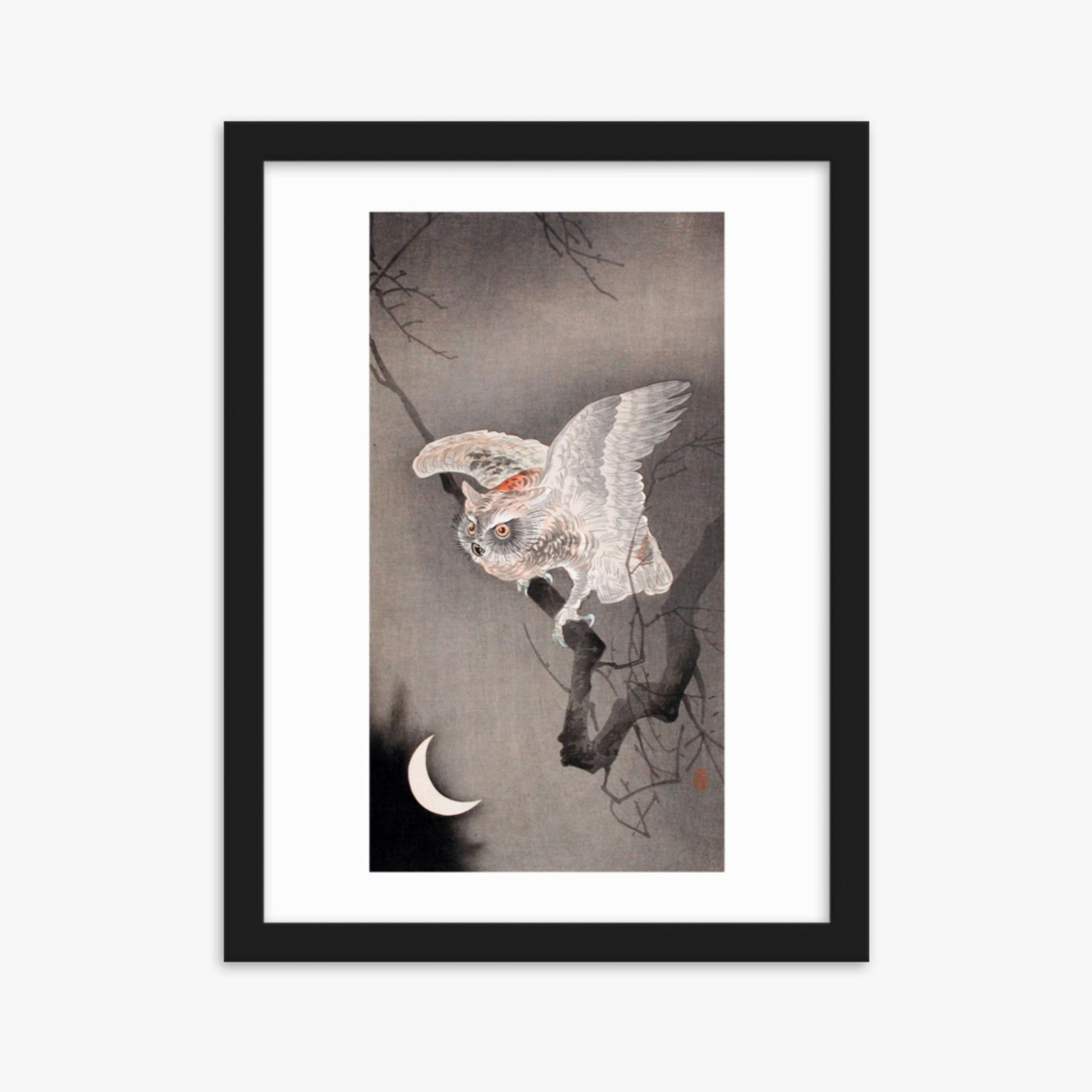 Ohara Koson - Scops Owl in Moonlight  30x40 cm Poster With Black Frame