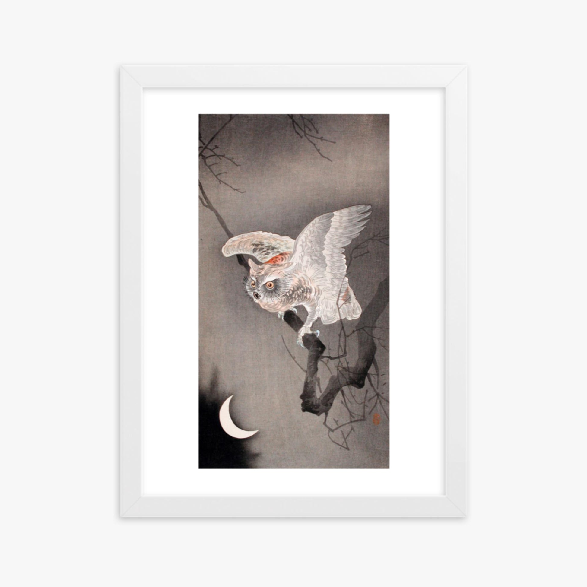 Ohara Koson - Scops Owl in Moonlight  30x40 cm Poster With White Frame