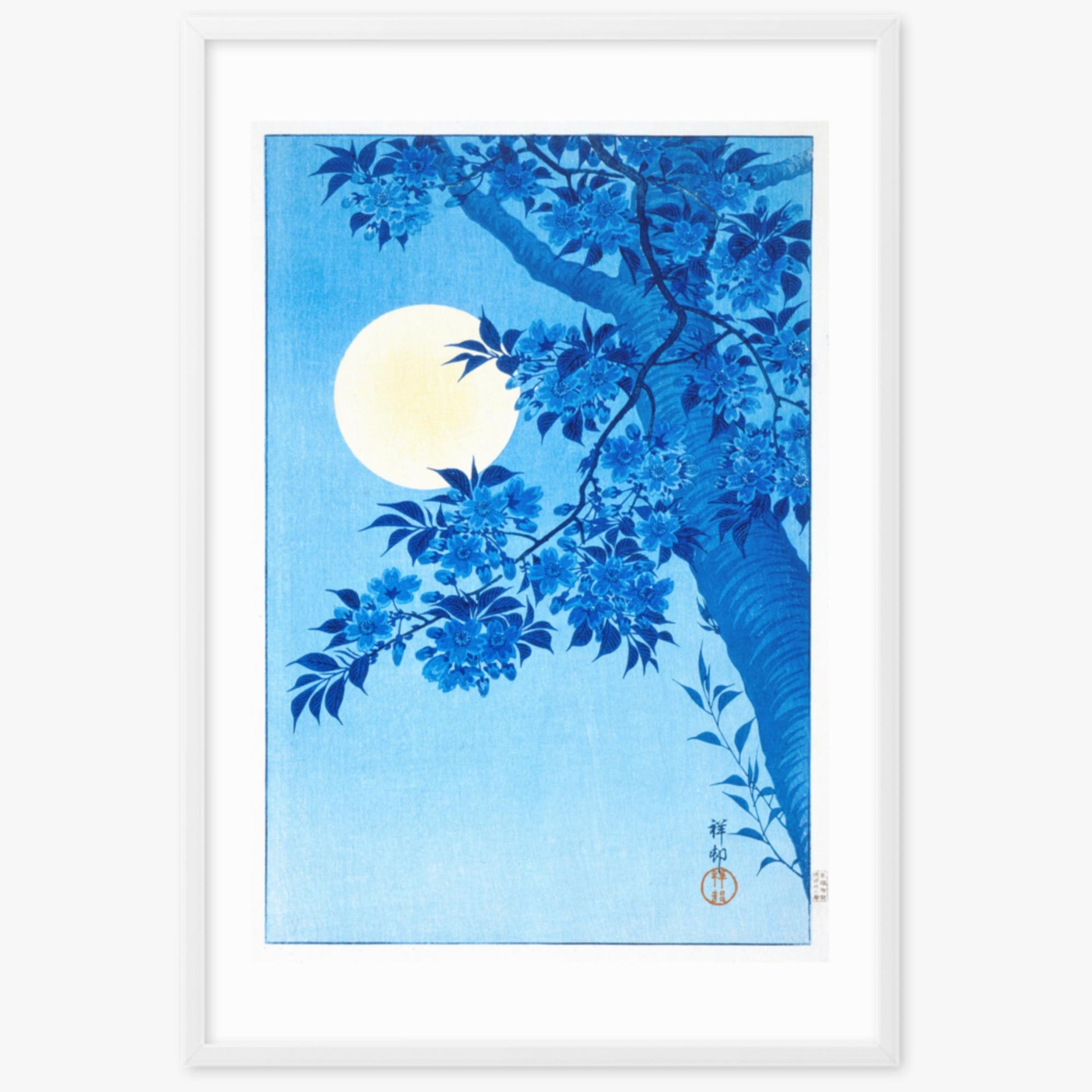 Ohara Koson - Blossoming Cherry on a Moonlit Night 61x91 cm Poster With White Frame