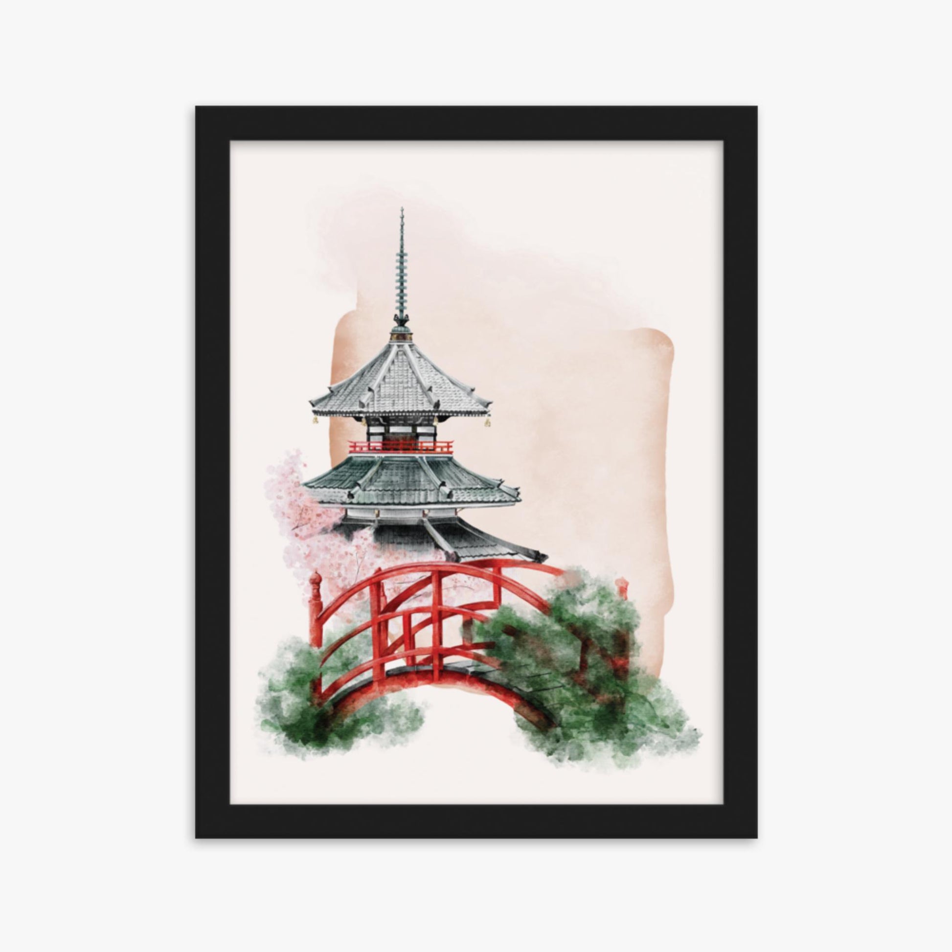 Modern illustration: Shrine with Bridge 30x40 cm Poster With Black Frame Frame