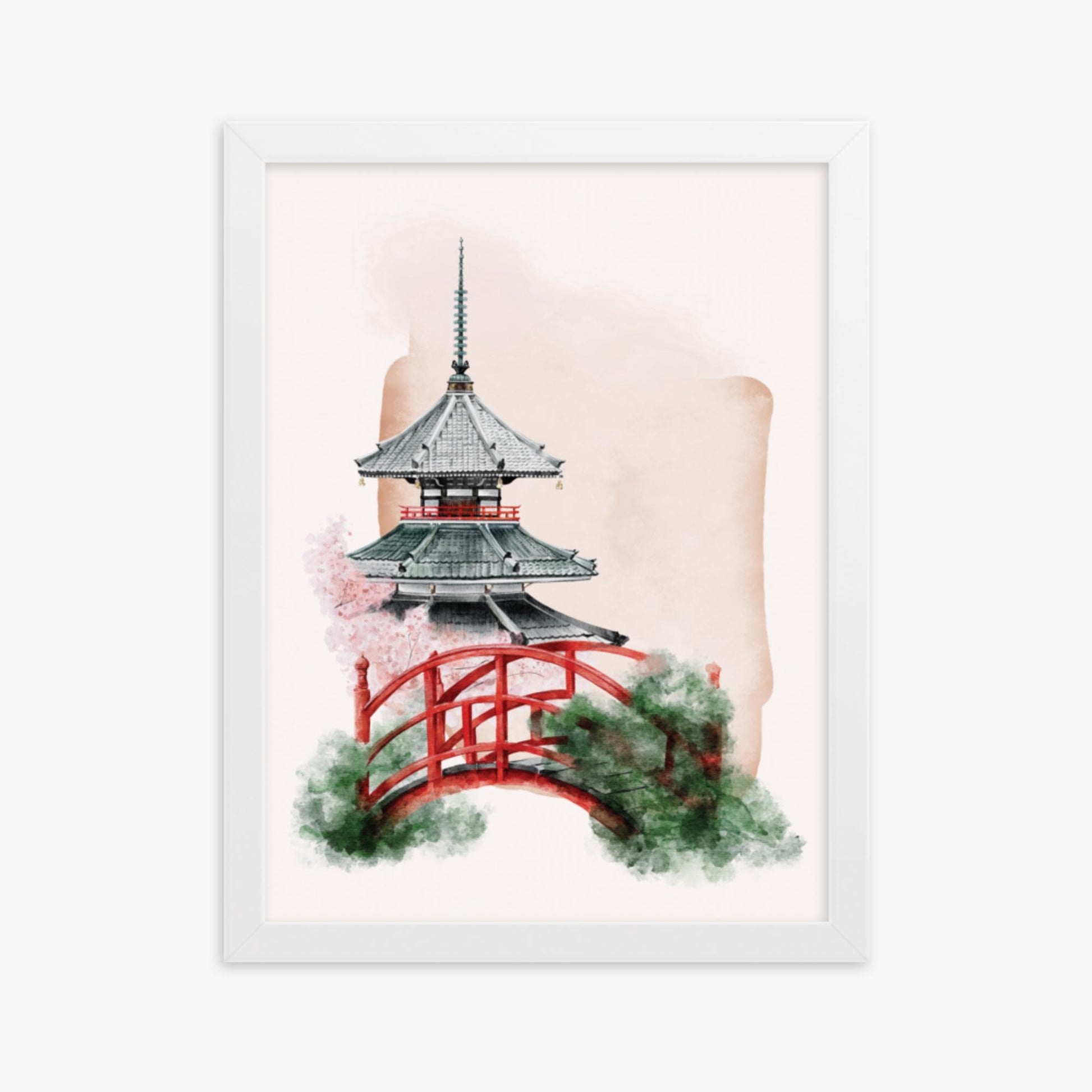 Modern illustration: Shrine with Bridge 30x40 cm Poster With White Frame Frame