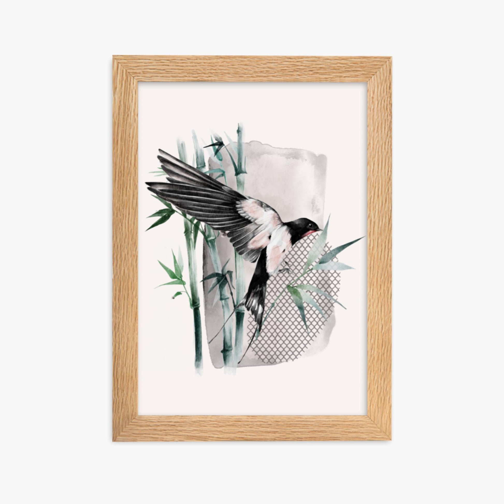 Modern illustration: Bird on Bamboo 21x30 cm Poster With Oak Frame Frame