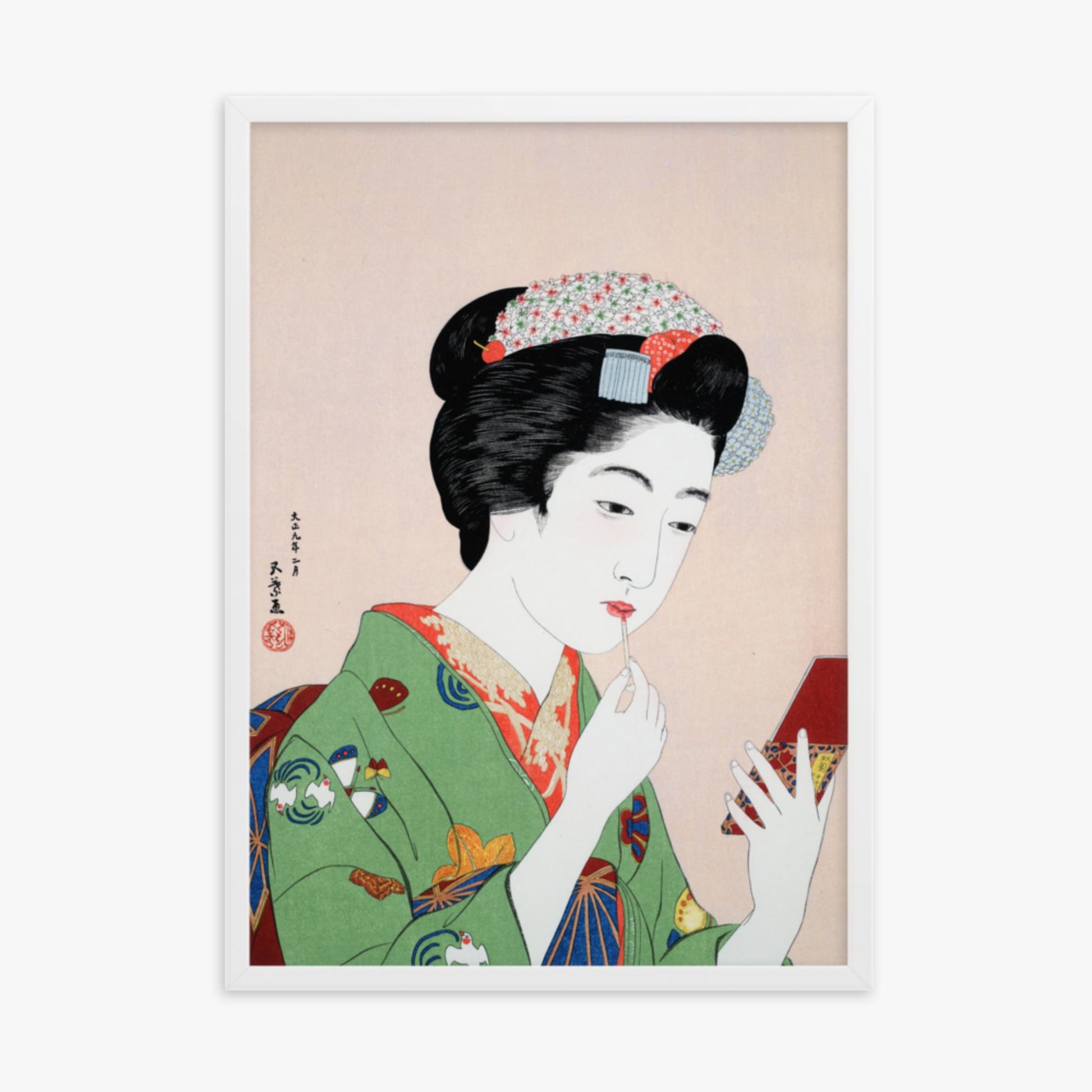 Goyō Hashiguchi - Woman Applying Rouge 50x70 cm Poster With White Frame