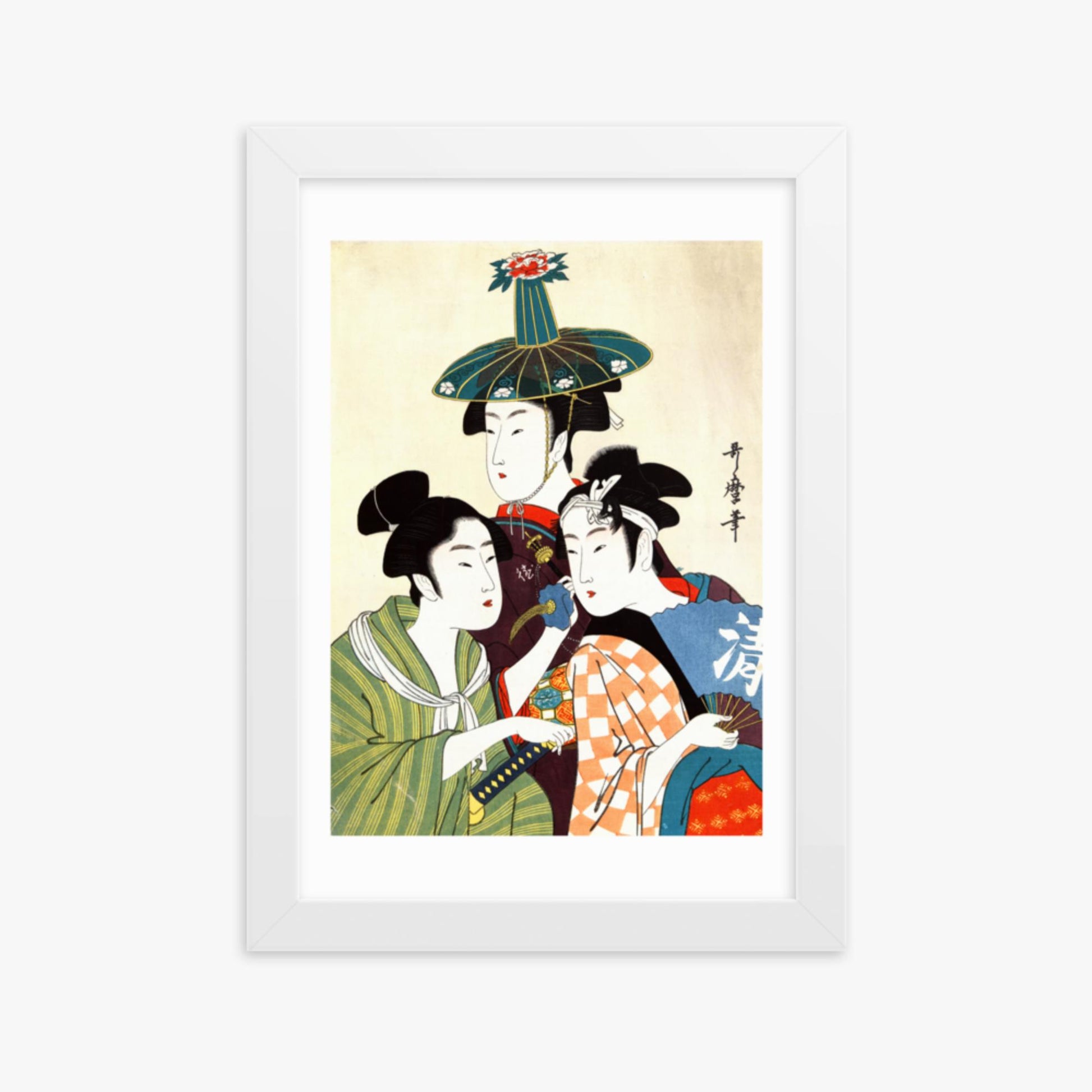 Utamaro Kitagawa - Three Young Men or Women  21x30 cm Poster With White Frame