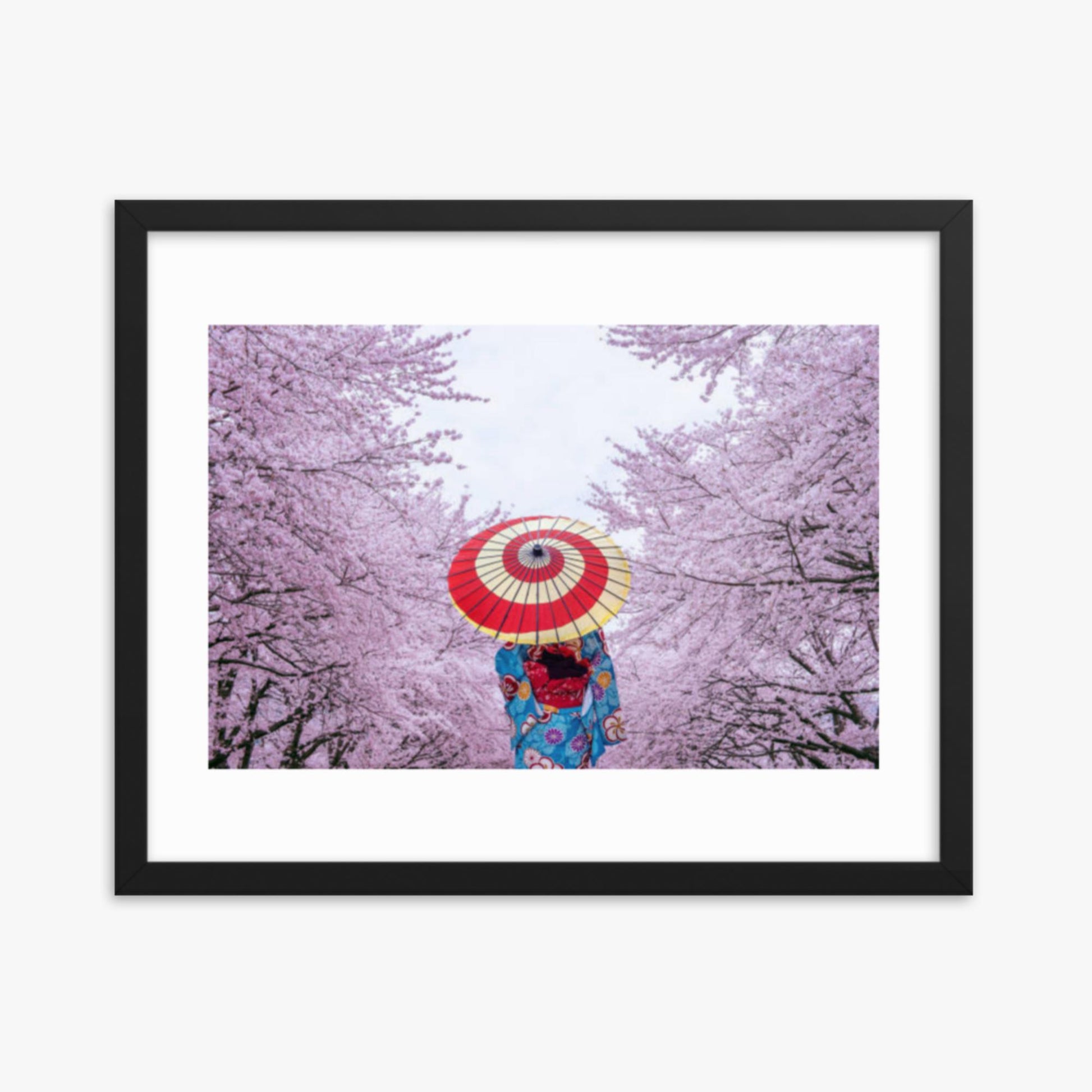 Asian woman wearing japanese traditional kimono and cherry blossom in spring 16x20 in Poster With Black Frame