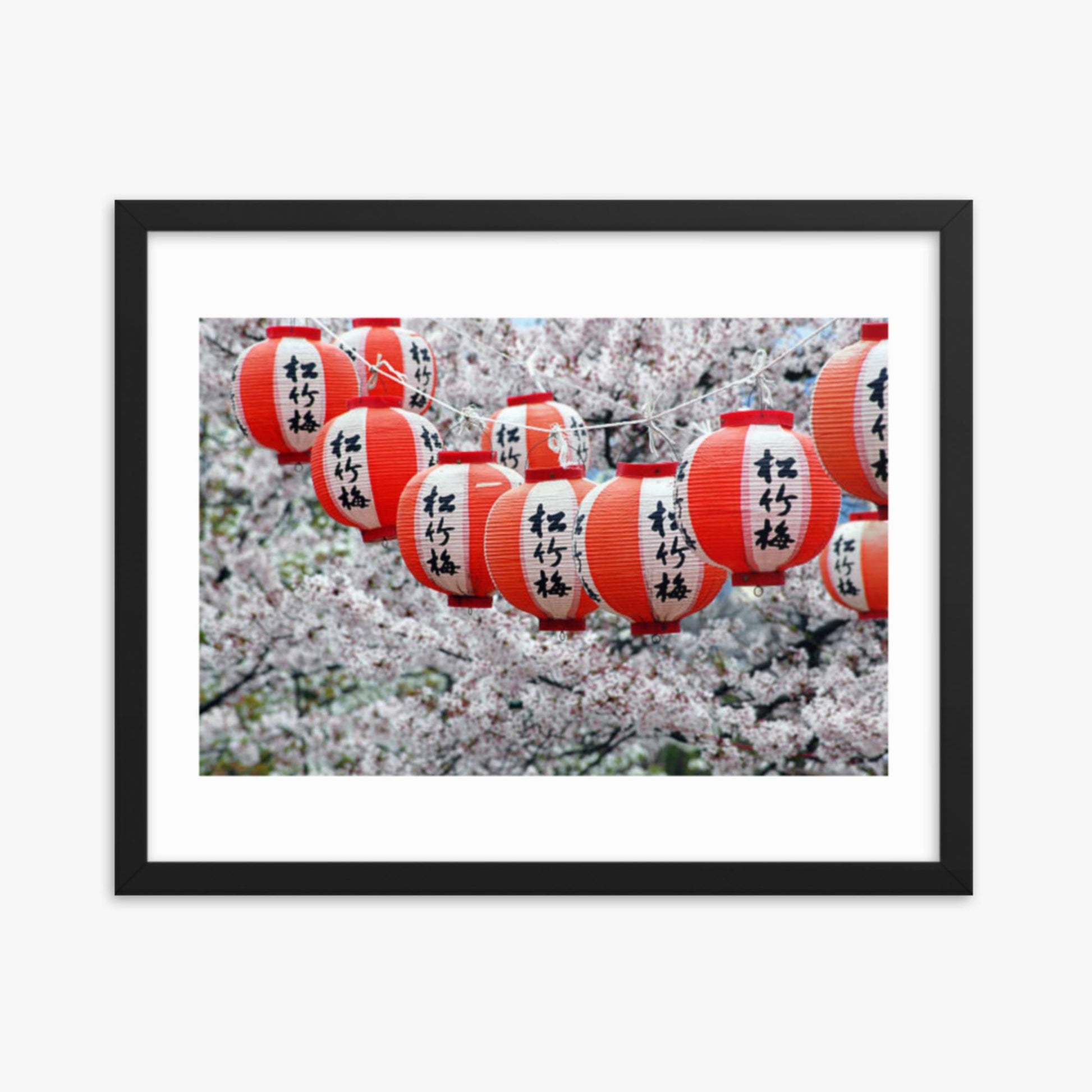 Japanese Lanterns and Cherry Blossom, Kyoto, Japan 16x20 in Poster With Black Frame