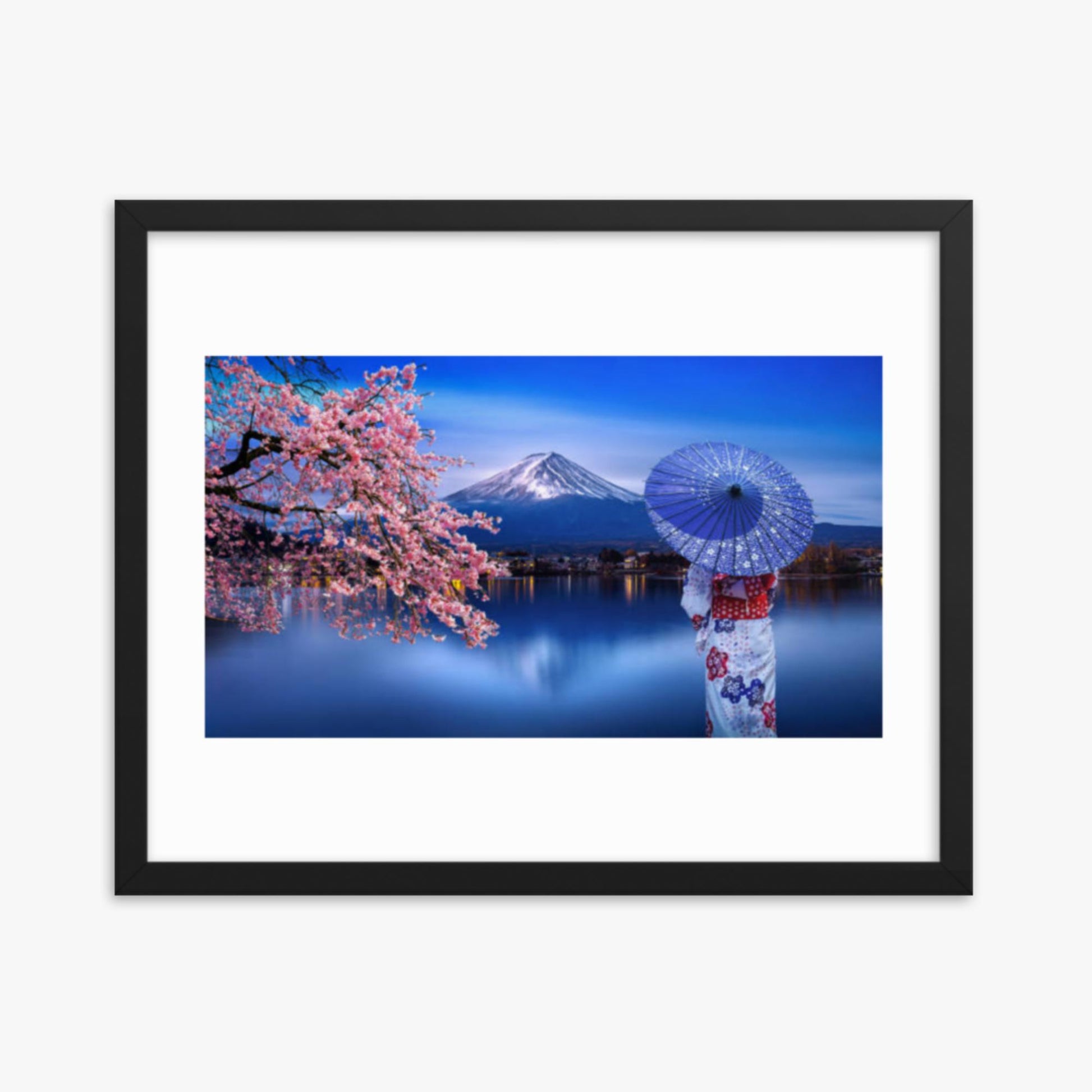 Asian woman wearing japanese traditional kimono at Fuji Mountain and cherry blossom, Kawaguchiko Lake in Japan 16x20 in Poster With Black Frame