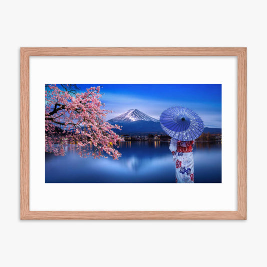 Asian woman wearing japanese traditional kimono at Fuji Mountain and cherry blossom, Kawaguchiko Lake in Japan 18x24 in Poster With Oak Frame