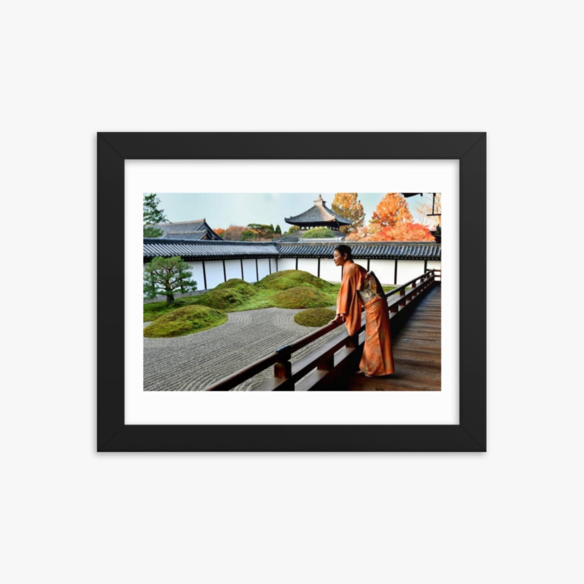 Japanese Woman in Kimono Appreciating Japanese Garden at Tofukuji, Kyoto 8x10 in Poster With Black Frame