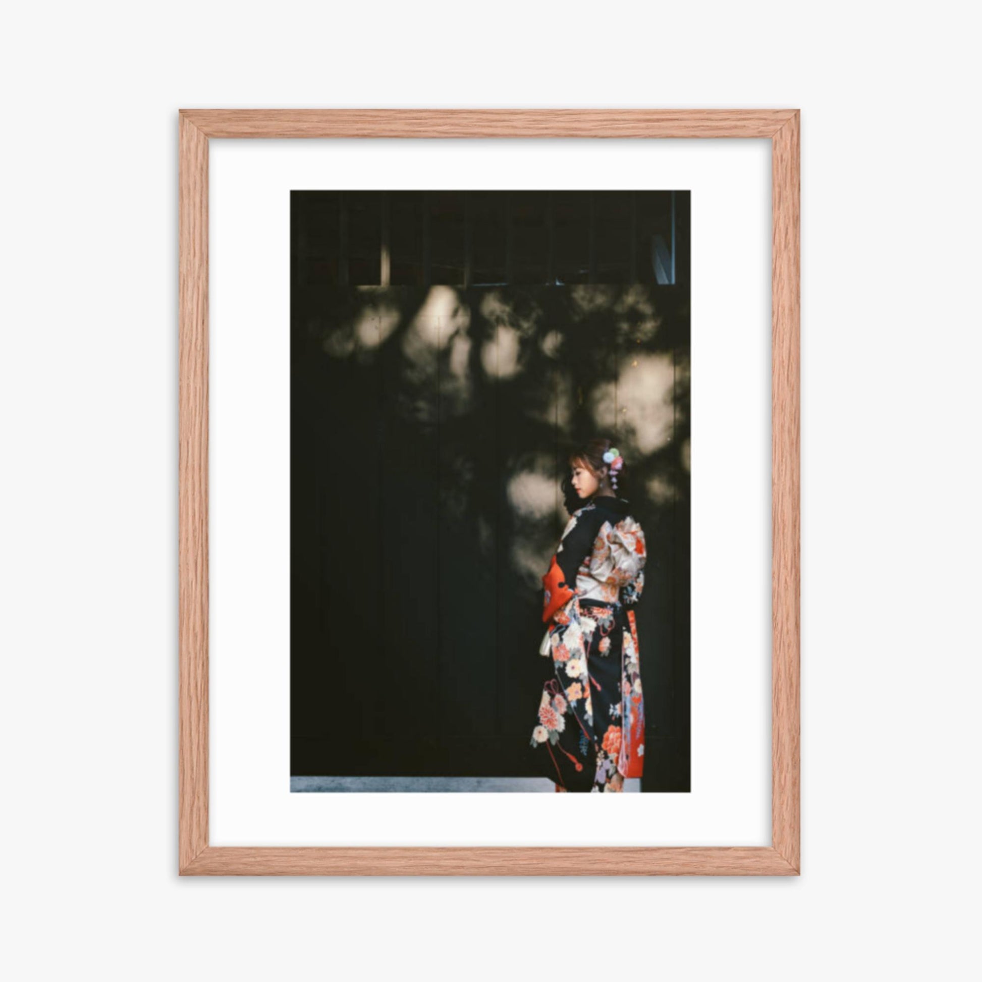 Portrait of beautiful woman in traditional Kimono walking in the street in Kyoto, Japan 16x20 in Poster With Oak Frame