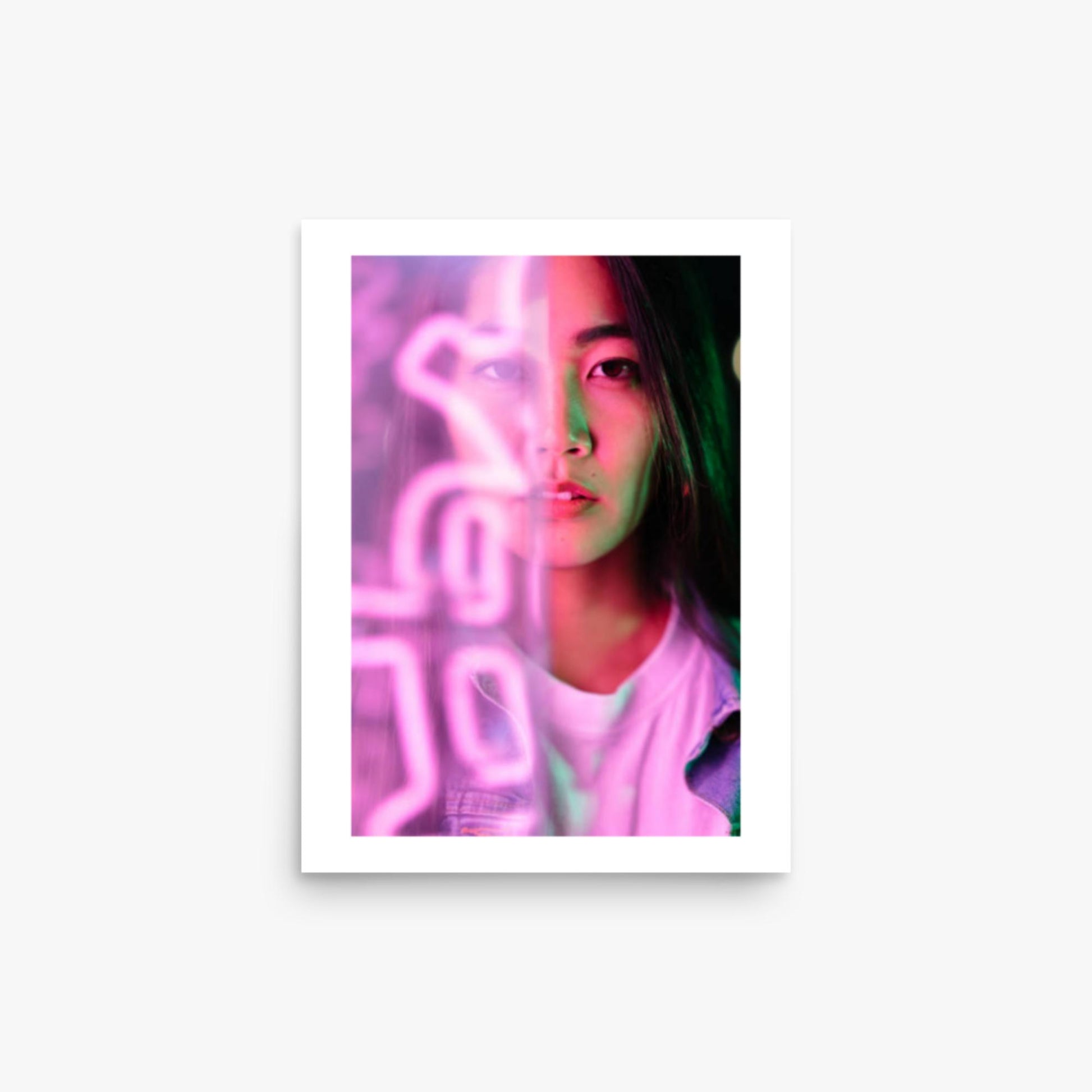 Portrait of young woman lit by pink neon light 12x16 in Poster