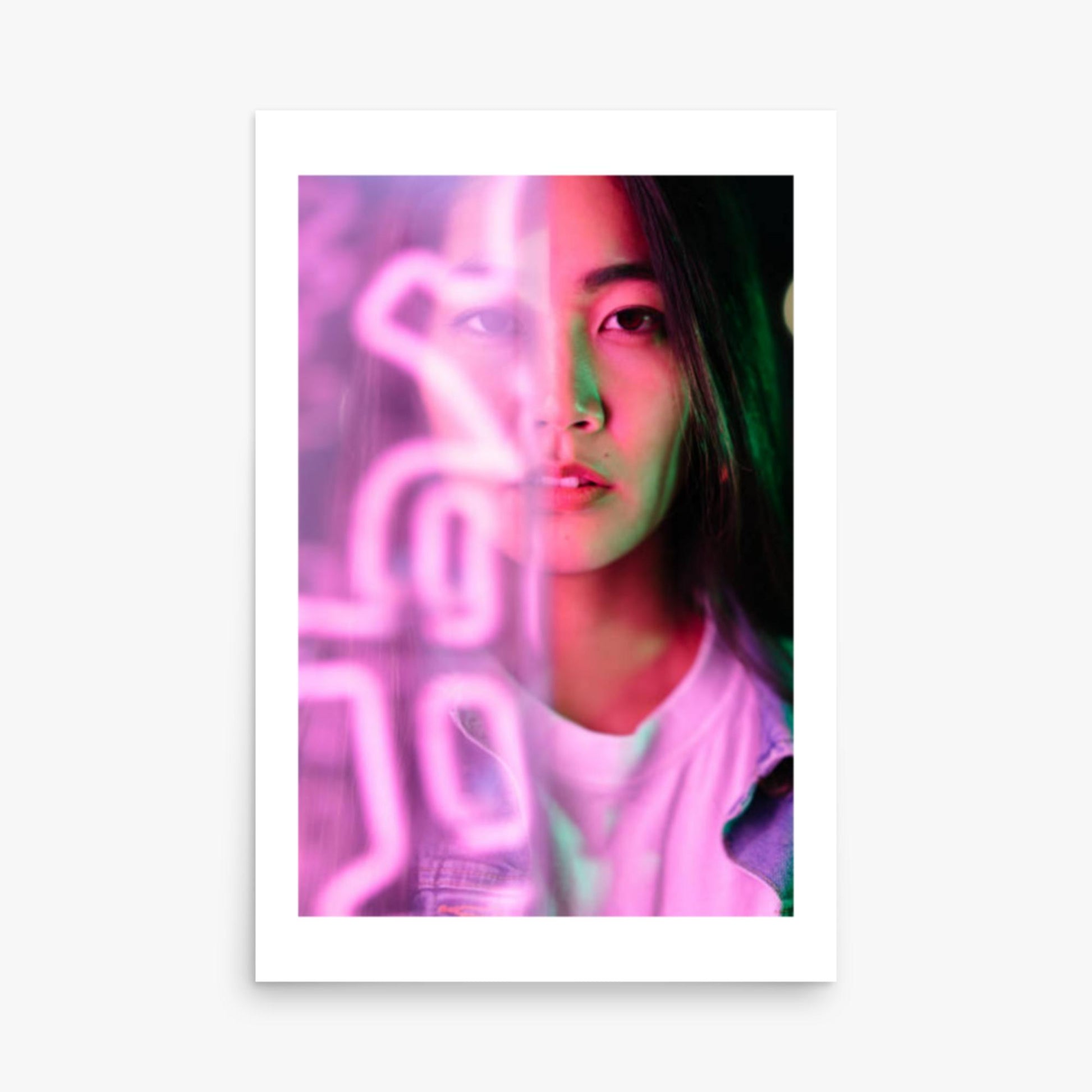 Portrait of young woman lit by pink neon light 24x36 in Poster