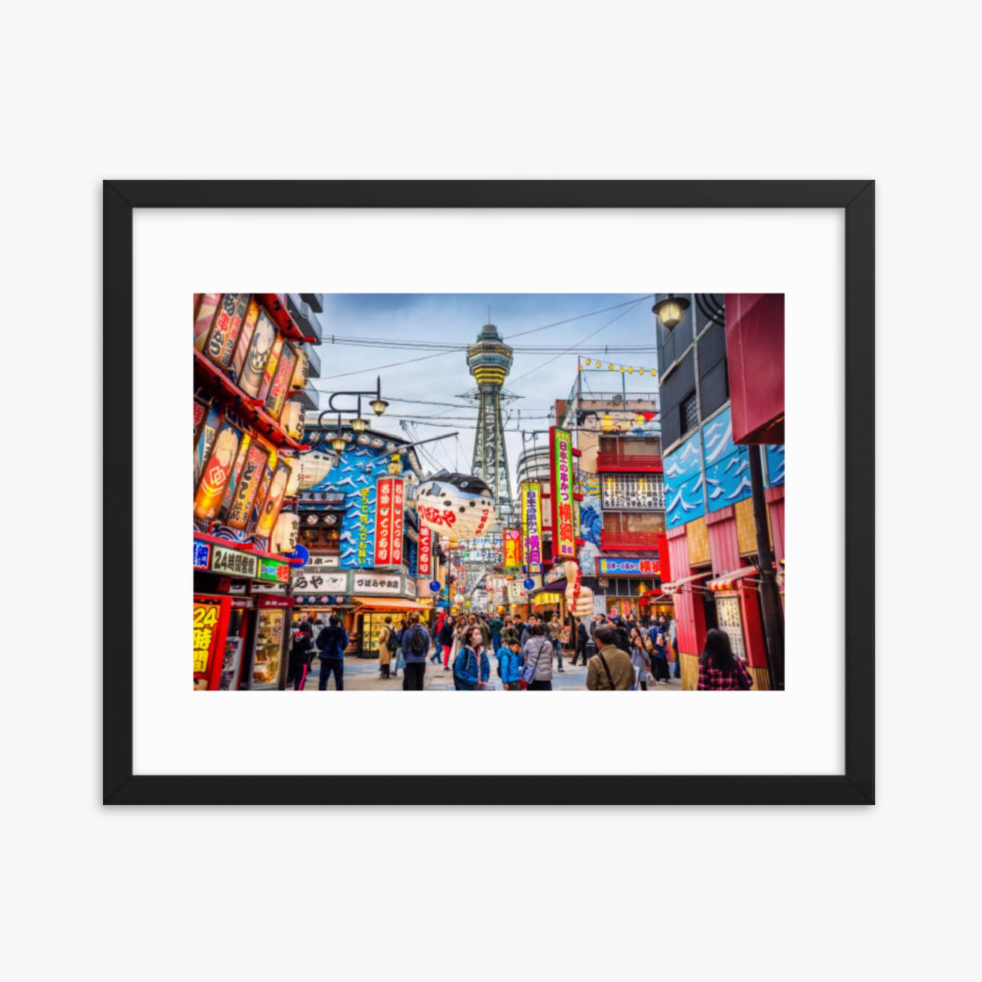 Osaka Tower and view of the neon advertisements in Shinsekai district at dusk 16x20 in Poster With Black Frame