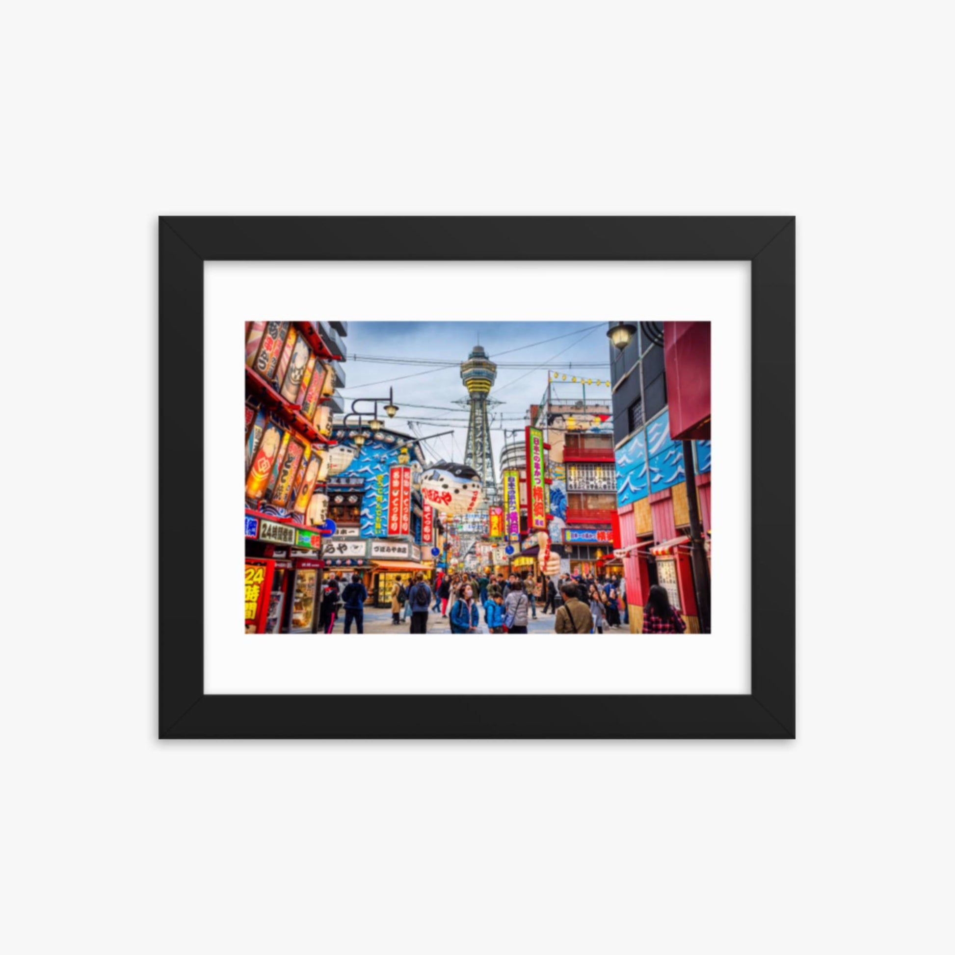 Osaka Tower and view of the neon advertisements in Shinsekai district at dusk 8x10 in Poster With Black Frame