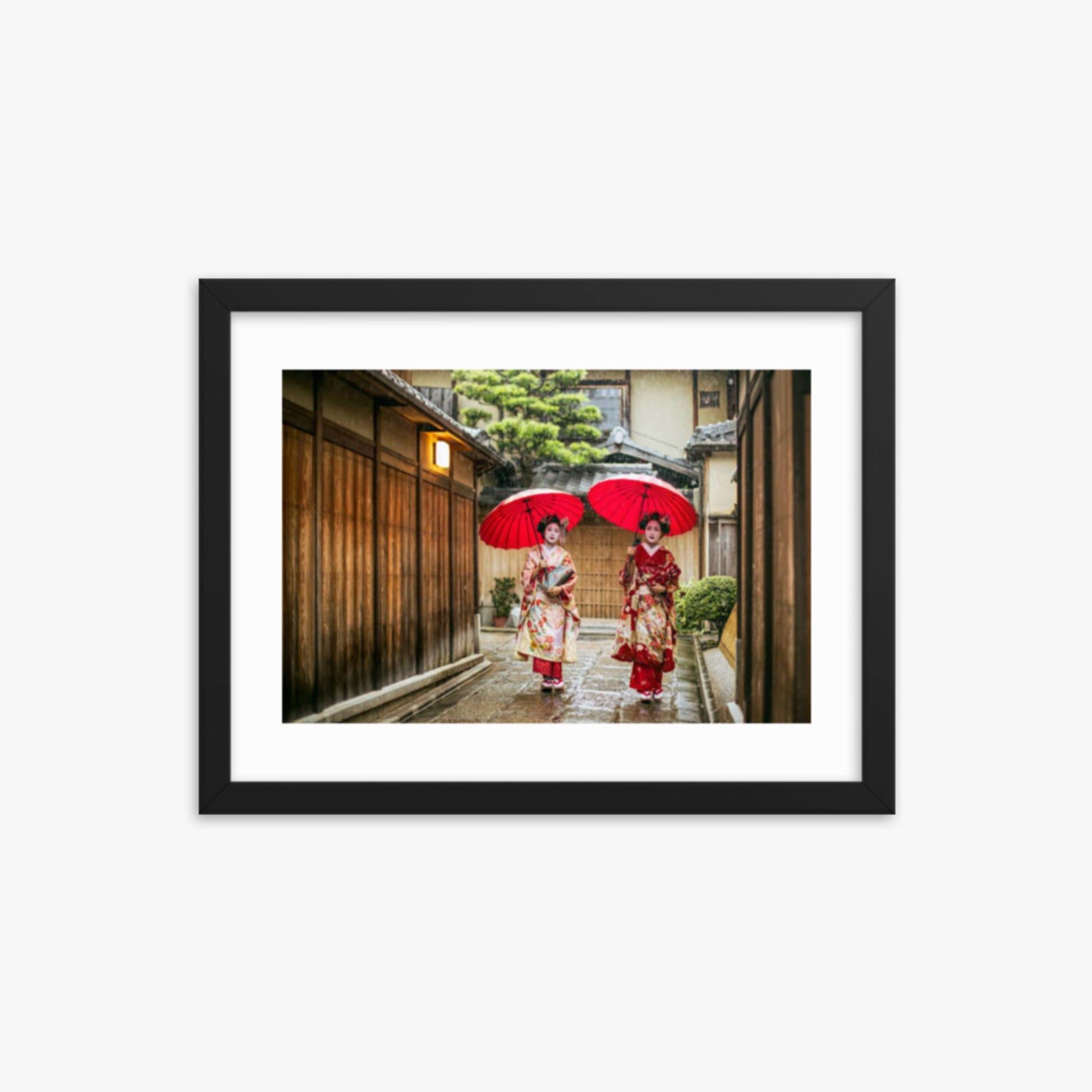 Geishas holding red umbrellas during rainy season 12x16 in Poster With Black Frame