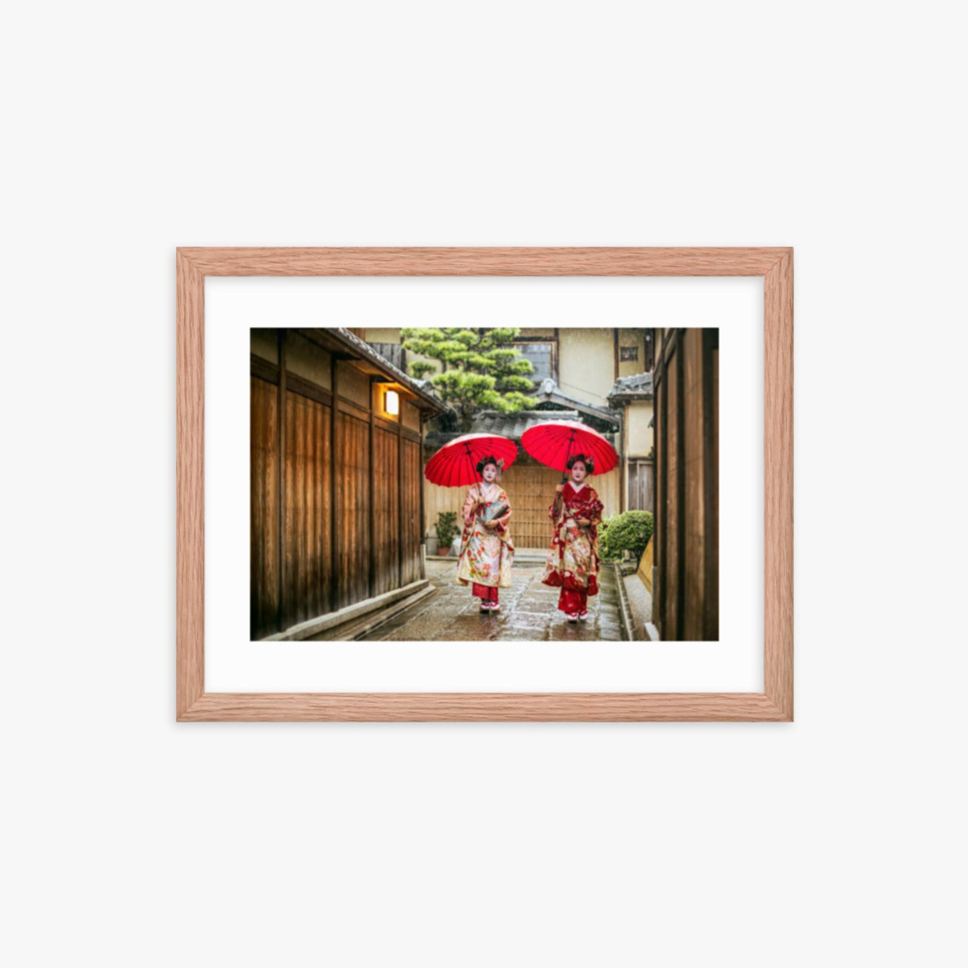 Geishas holding red umbrellas during rainy season 12x16 in Poster With Oak Frame