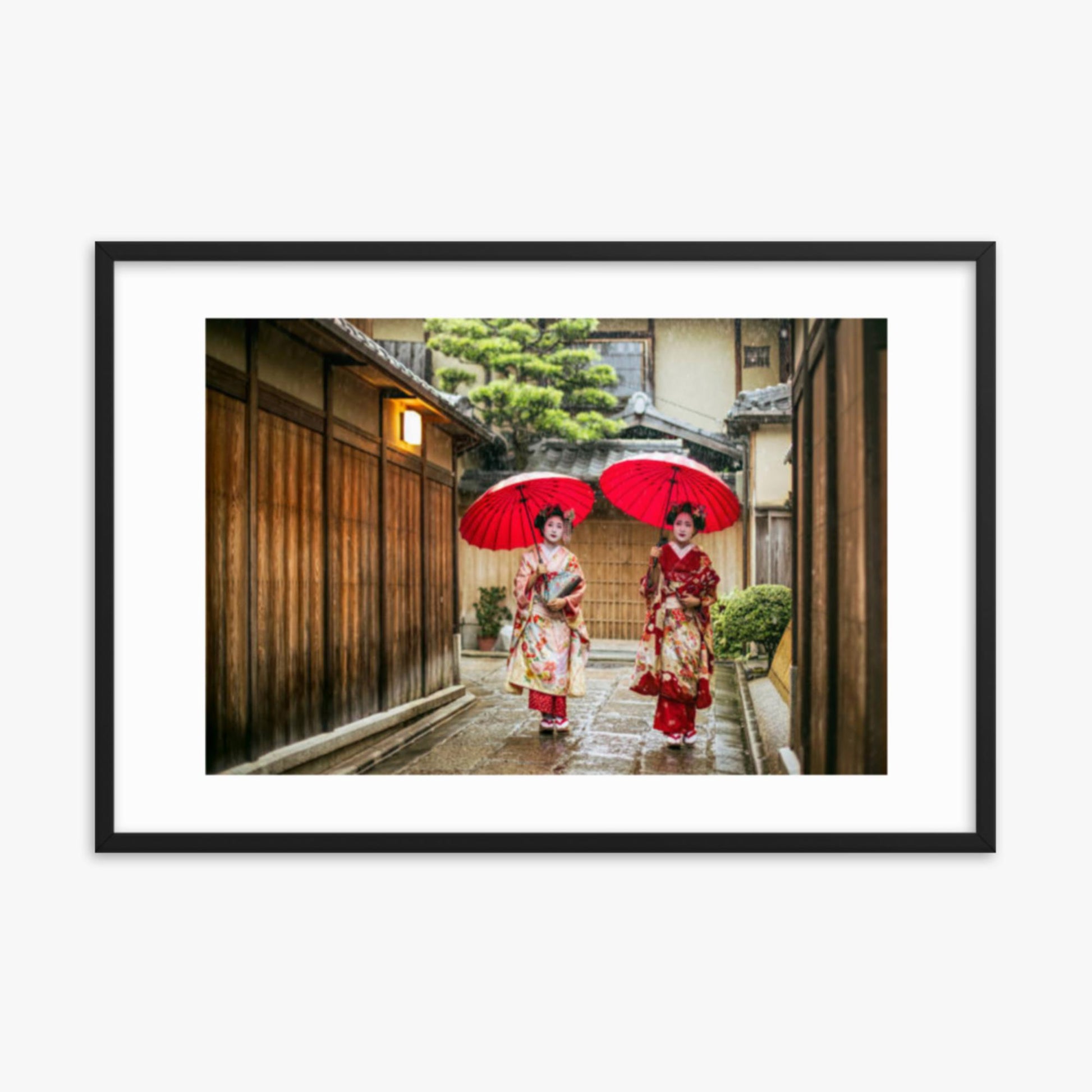 Geishas holding red umbrellas during rainy season 24x36 in Poster With Black Frame