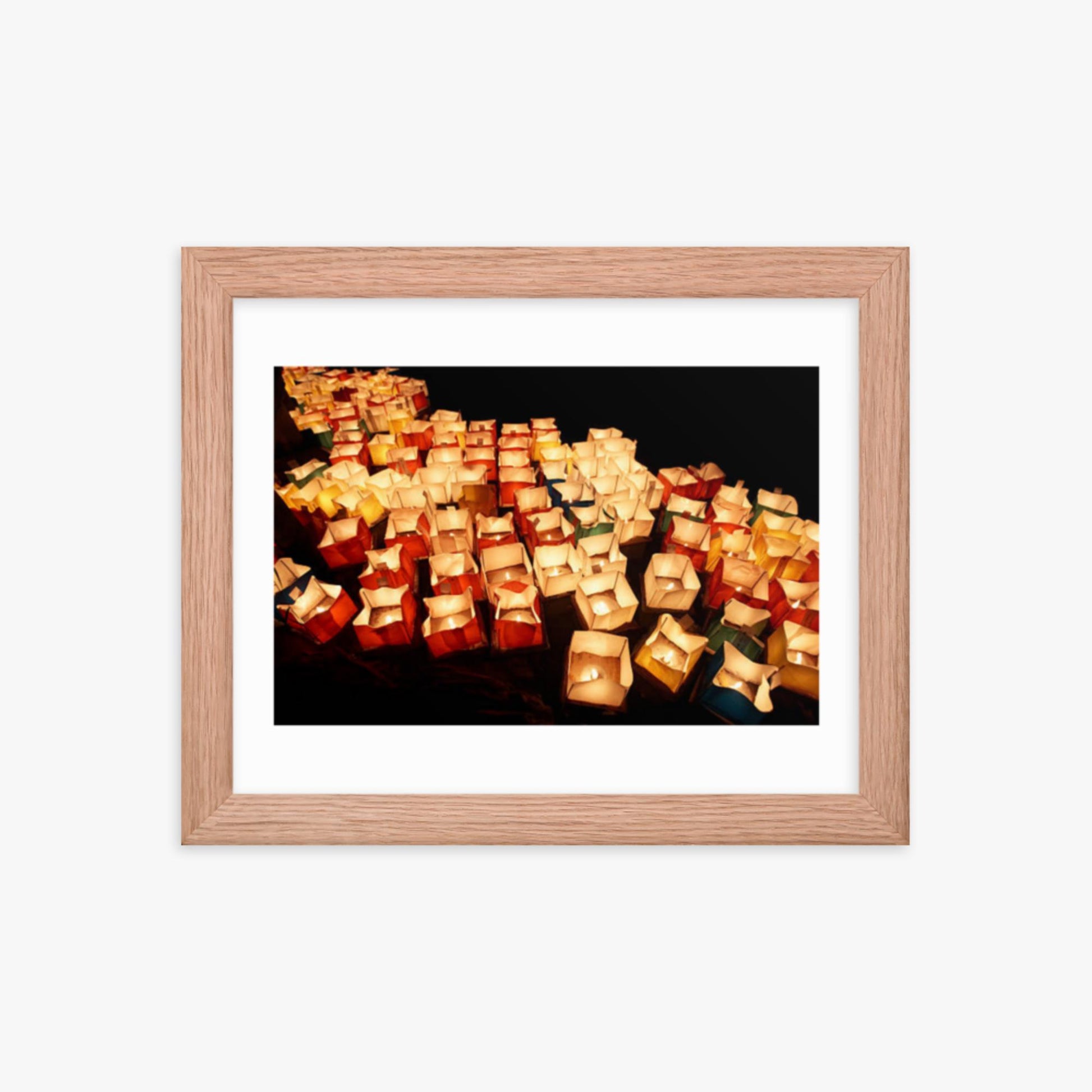 Lanterns lit on Hirosawa Pond, Kyoto 8x10 in Poster With Oak Frame