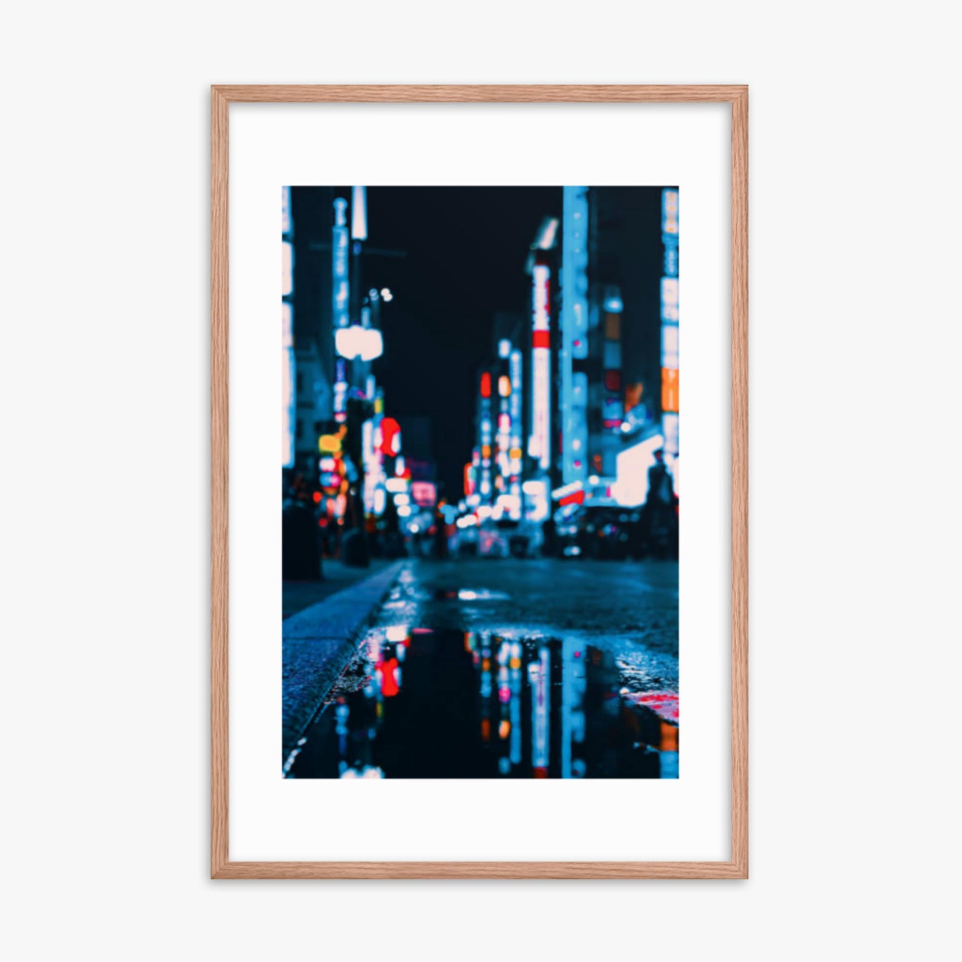 Neon Refelctions in Tokyo 24x36 in Poster With Oak Frame