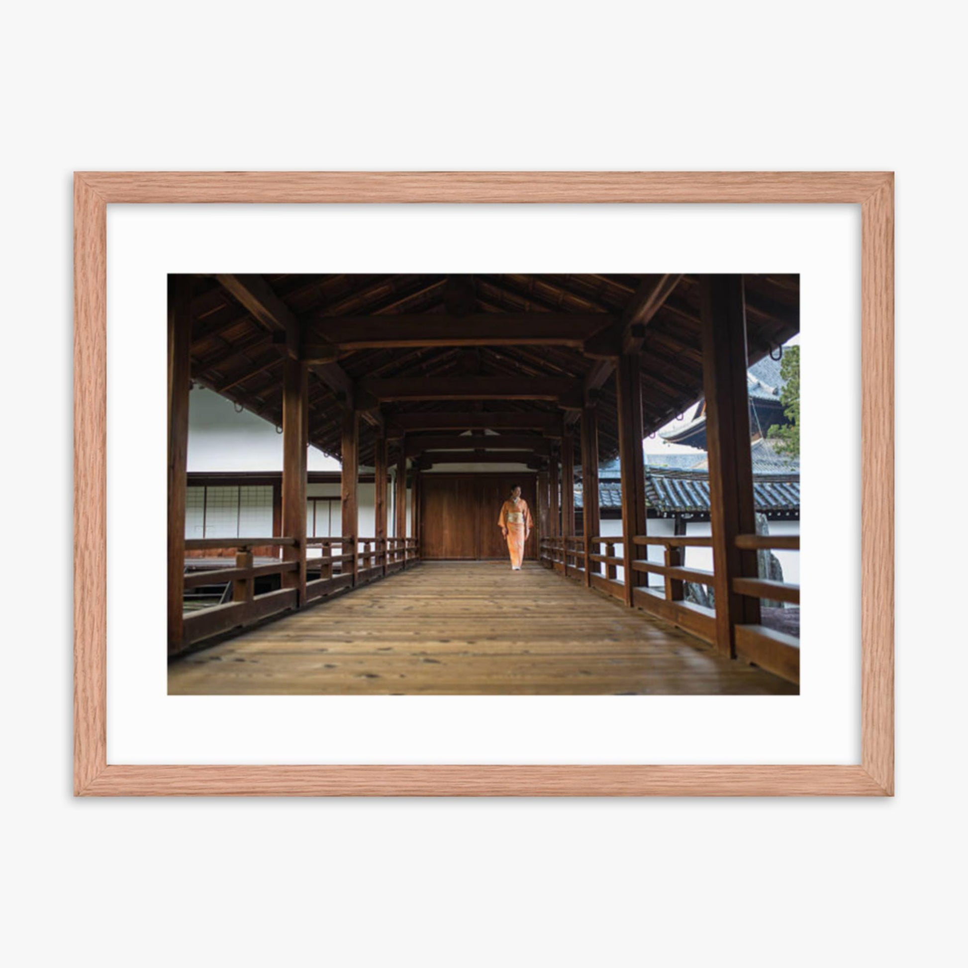 Woman in a kimono walking through a temple corridor 18x24 in Poster With Oak Frame