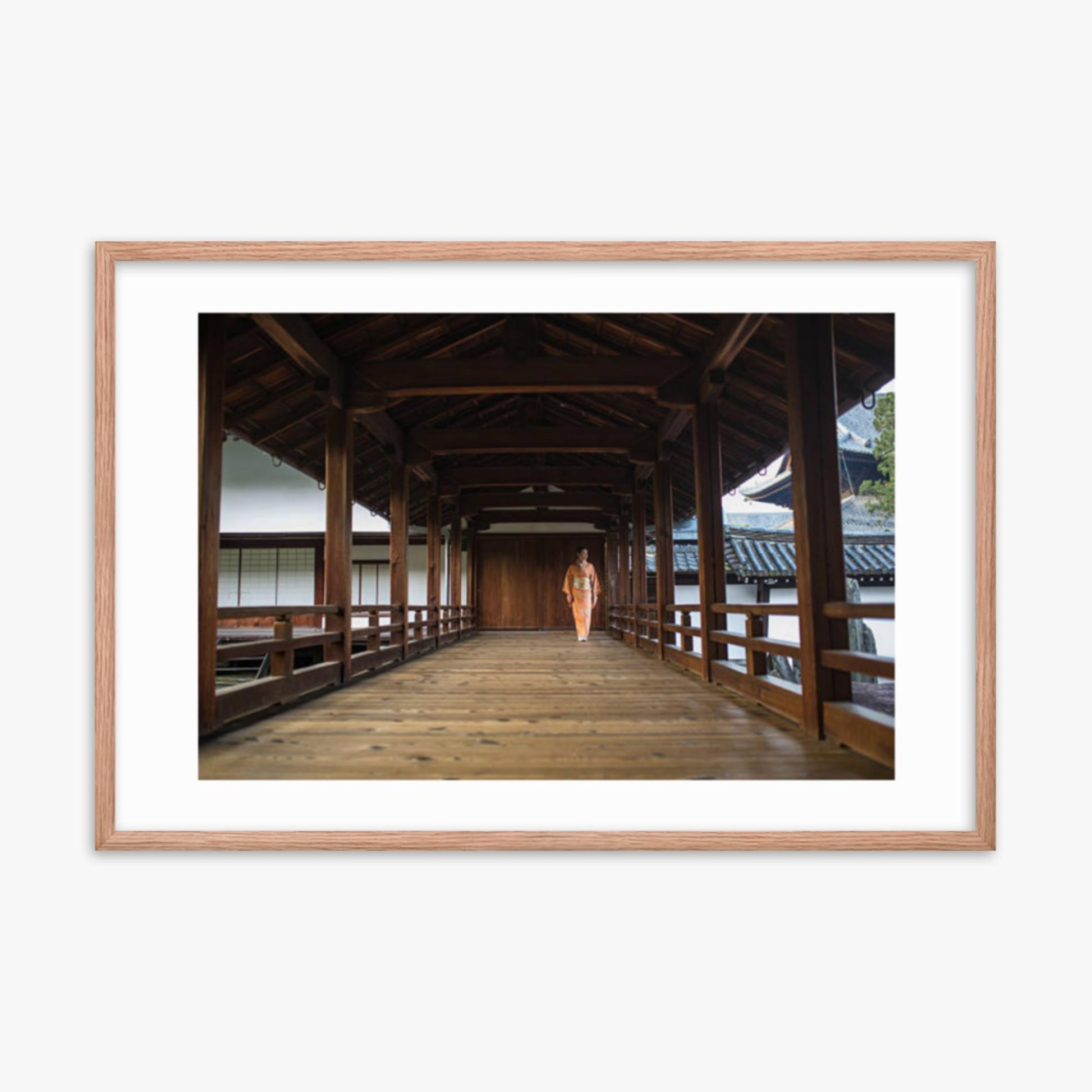 Woman in a kimono walking through a temple corridor 24x36 in Poster With Oak Frame