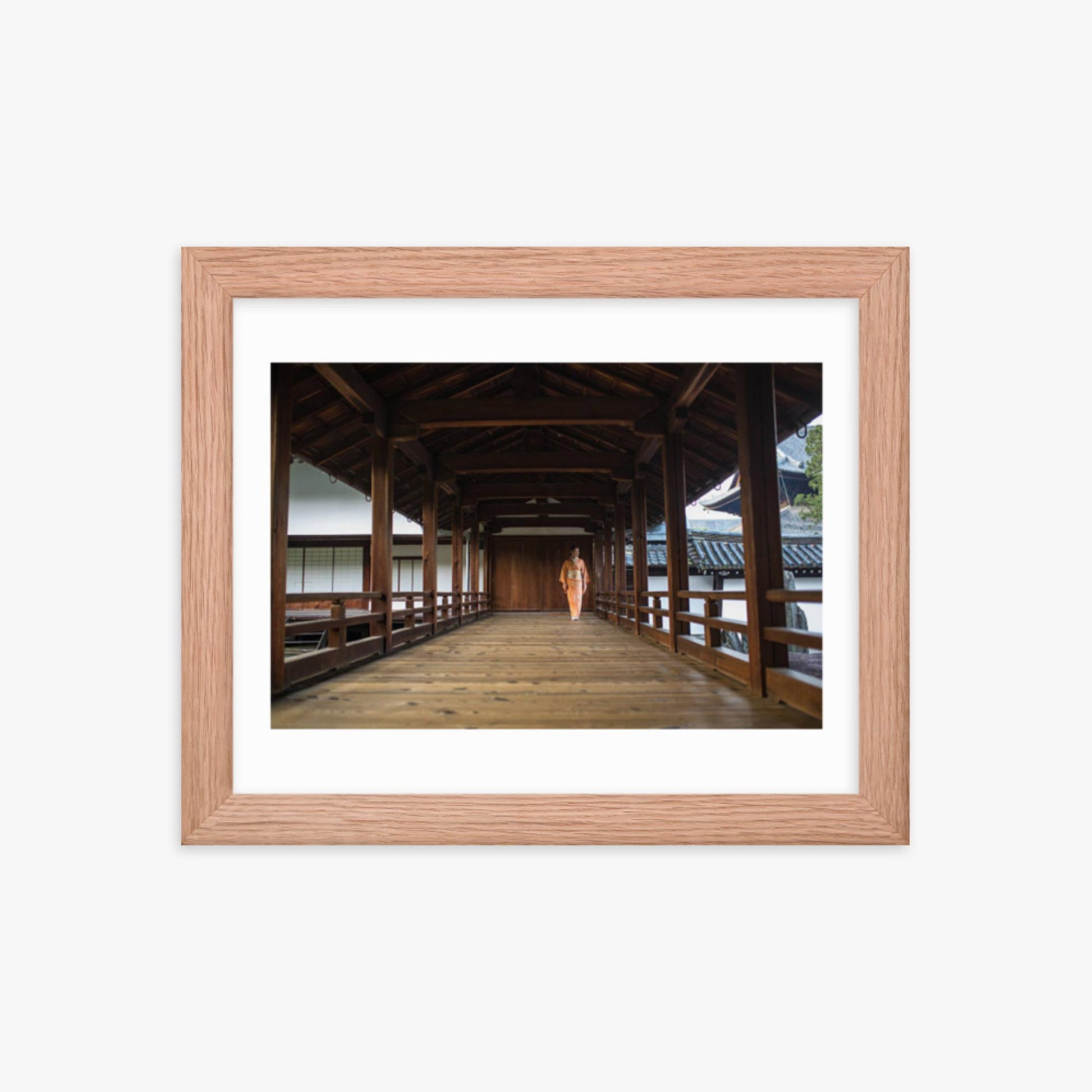 Woman in a kimono walking through a temple corridor 8x10 in Poster With Oak Frame