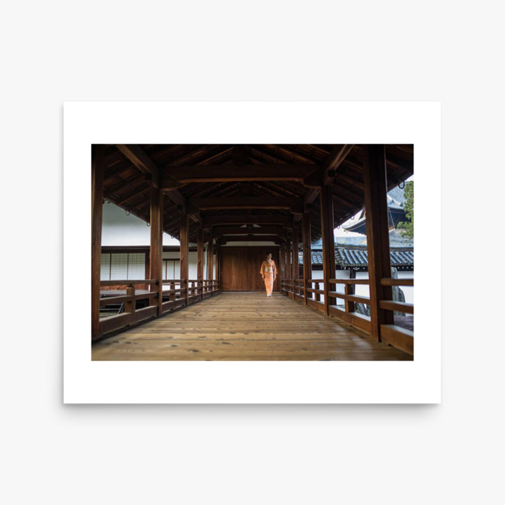 Woman in a kimono walking through a temple corridor 16x20 in Poster