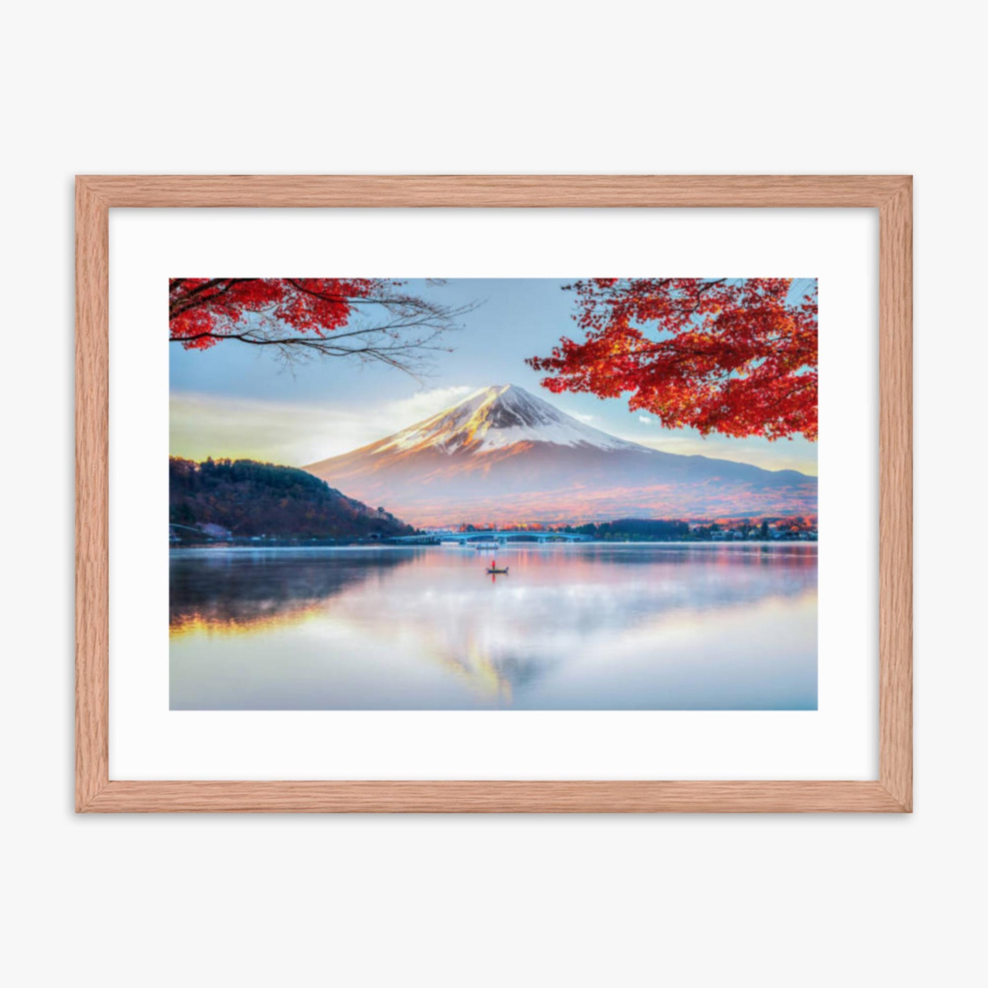 Fuji Mountain , Red Maple Tree and Fisherman Boat with Morning Mist in Autumn, Kawaguchiko Lake, Japan 18x24 in Poster With Oak Frame