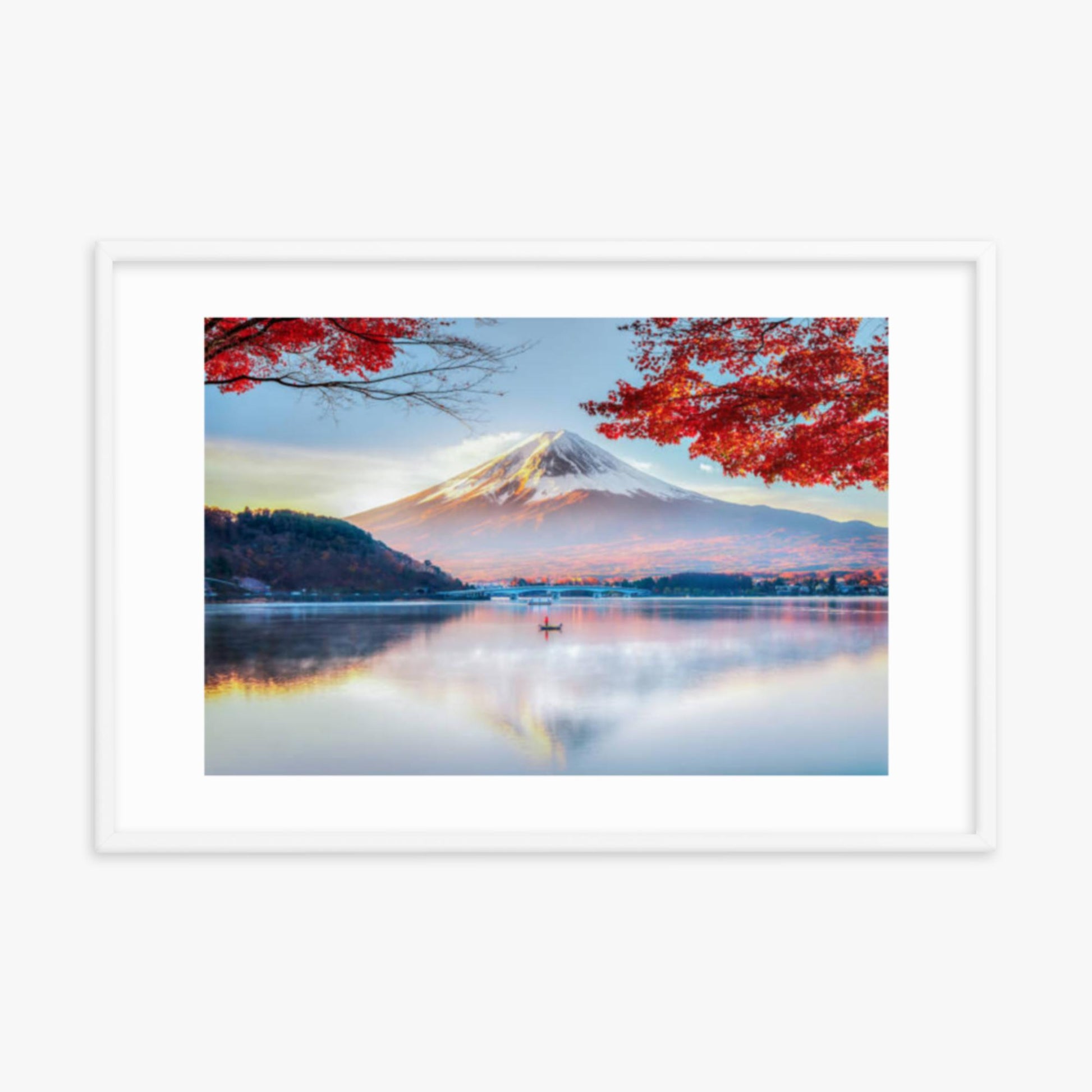 Fuji Mountain , Red Maple Tree and Fisherman Boat with Morning Mist in Autumn, Kawaguchiko Lake, Japan 24x36 in Poster With White Frame