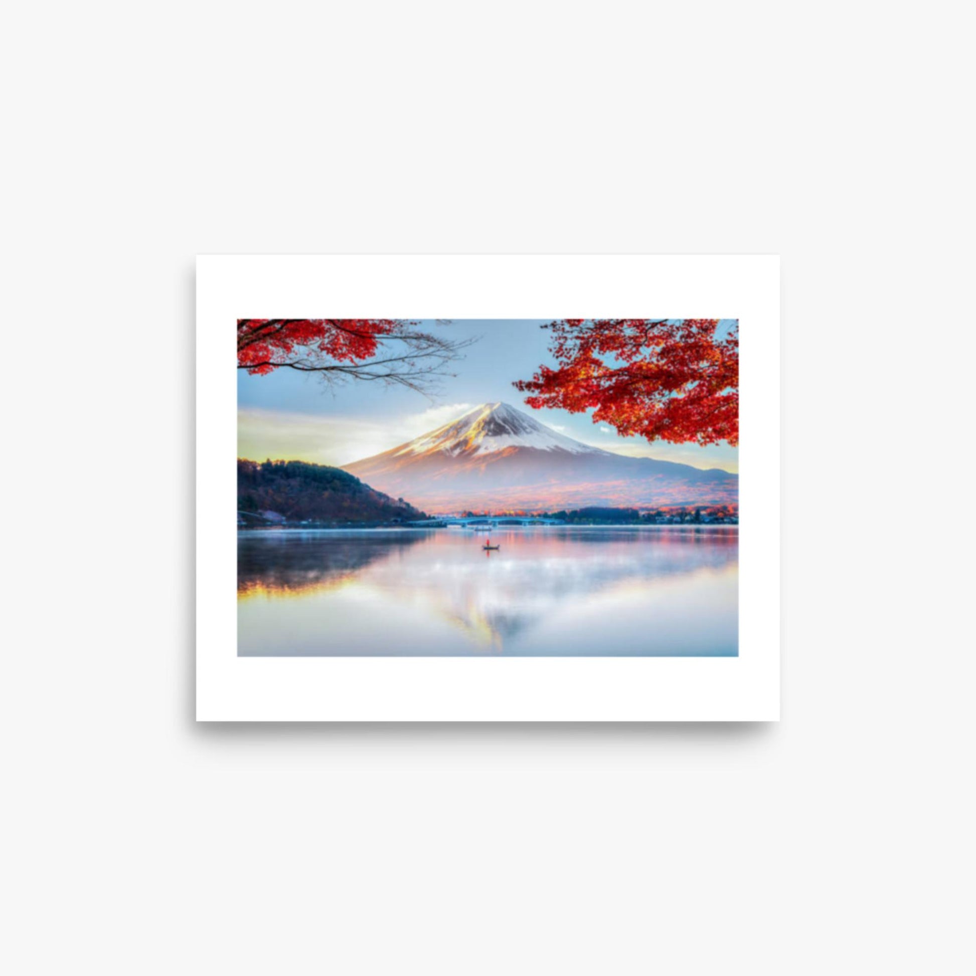 Fuji Mountain , Red Maple Tree and Fisherman Boat with Morning Mist in Autumn, Kawaguchiko Lake, Japan 8x10 in Poster