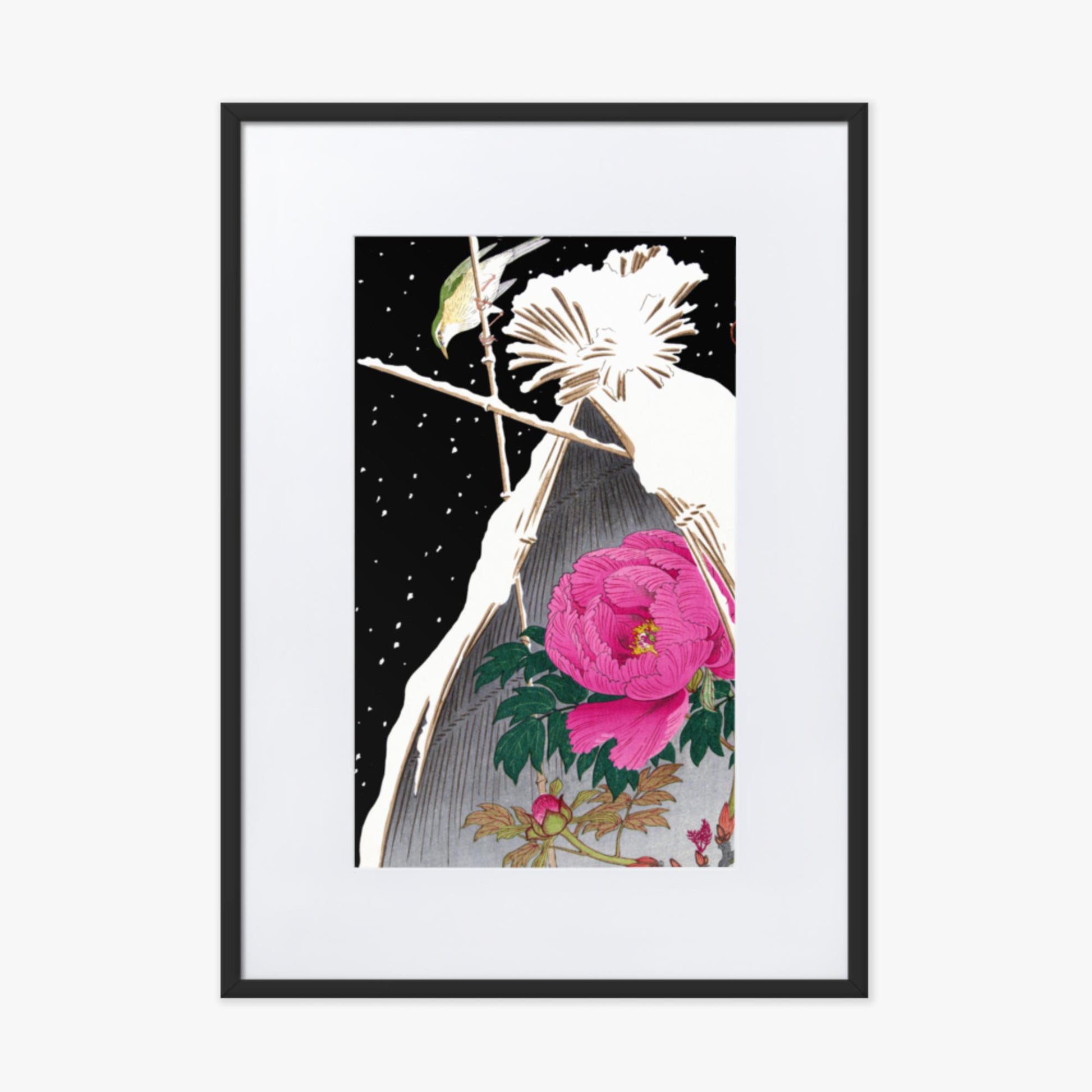 Ohara Koson - Siberian Bluechat Next to a Peony 50x70 cm Poster With Black Frame