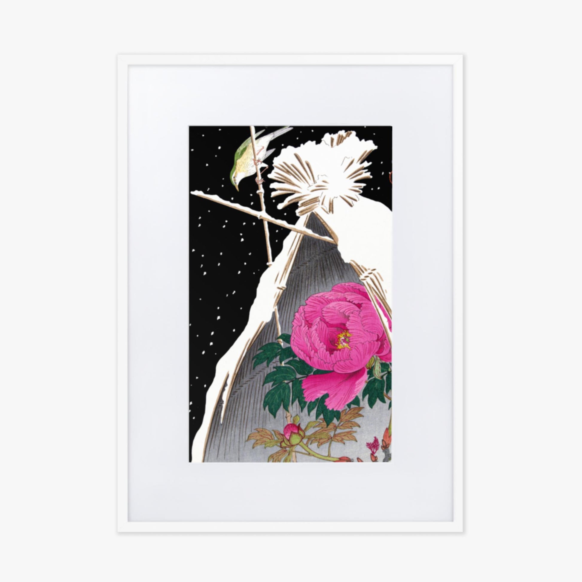 Ohara Koson - Siberian Bluechat Next to a Peony 50x70 cm Poster With White Frame