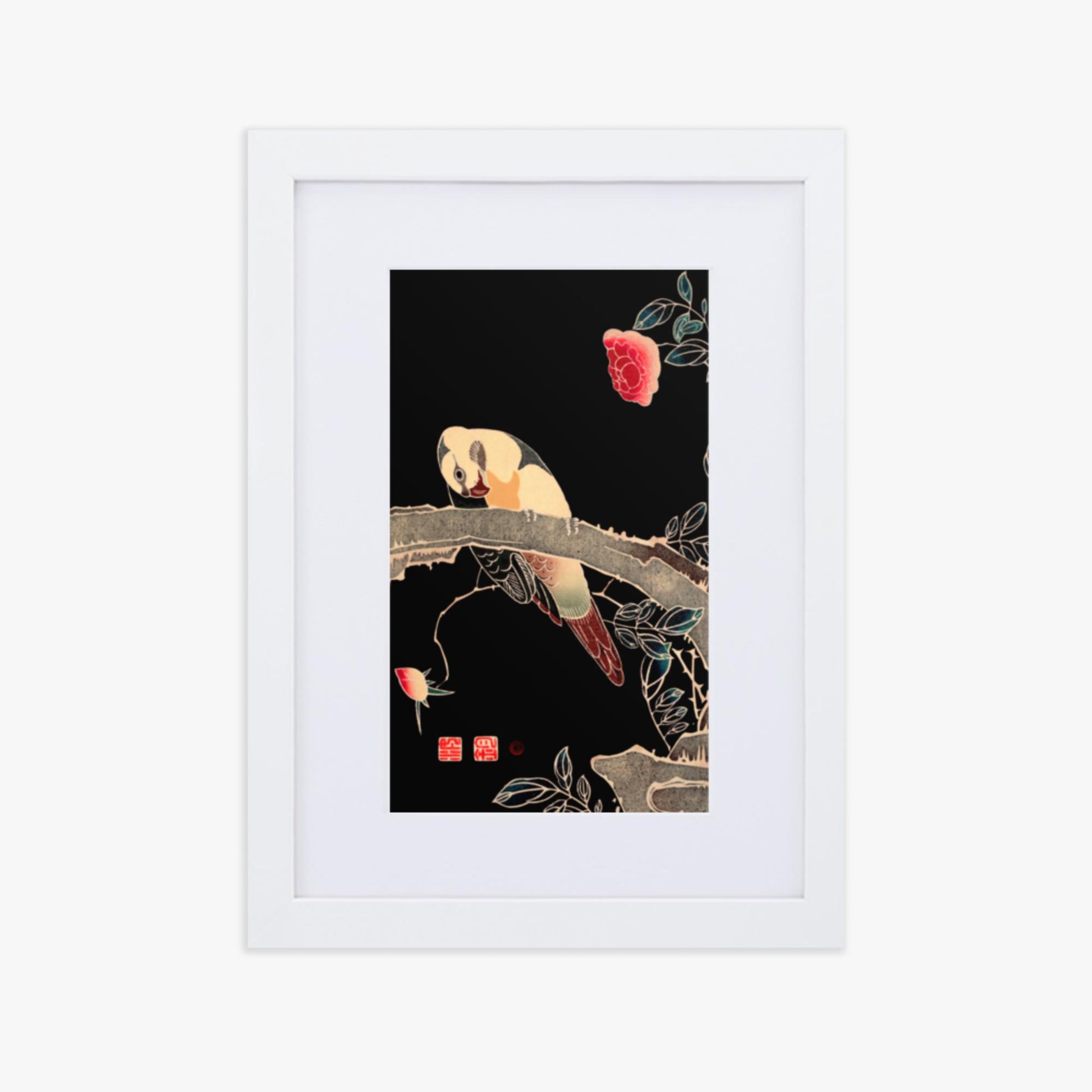 Ito Jakuchu - Parrot on the Branch of a Flowering Rose Bush 21x30 cm Poster With White Frame